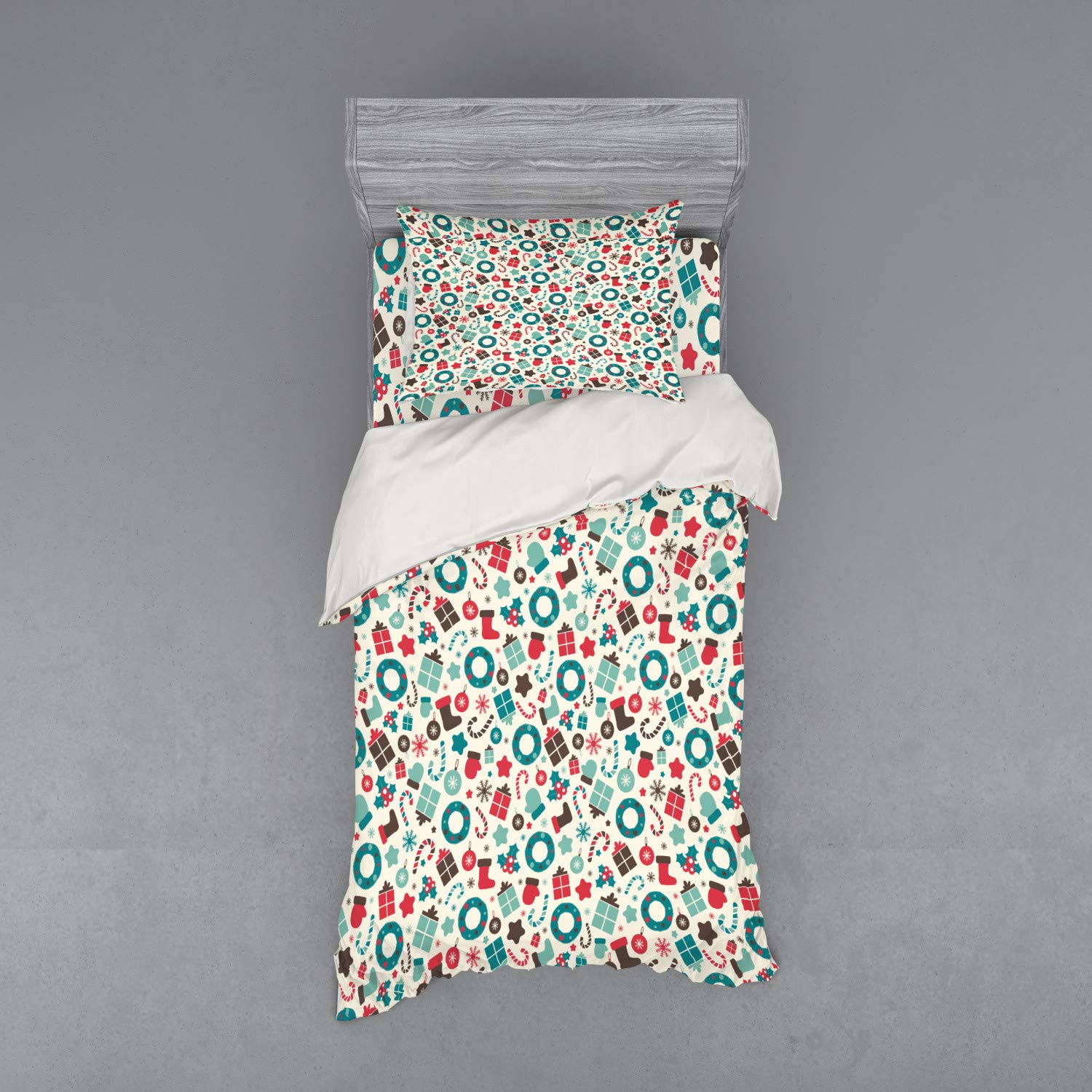 Ambesonne Christmas Bedding Set - Retro Holiday Duvet Cover with Sham & Fitted Sheet, 3-Piece Twin Size in Teal, Dark Coral & Brown | Festive Bedroom Decor for Winter Holidays & New Year Celebrations