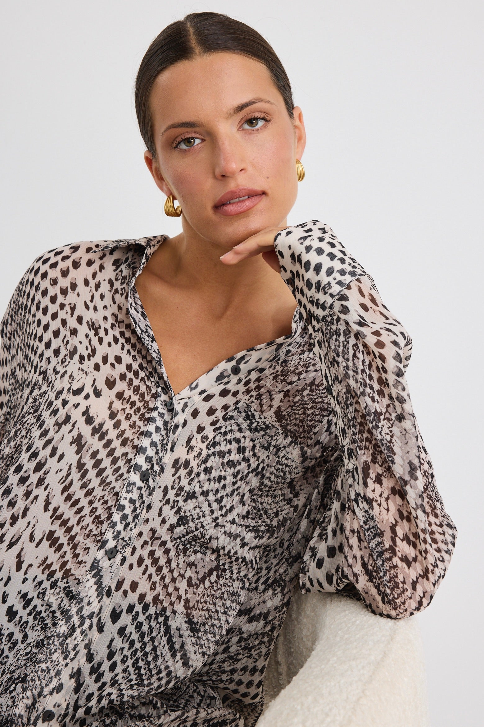 Felix Charcoal Snake Print Georgette Oversized Shirt for Women - Stylish Loose Fit Blouse for Casual Outings and Date Nights