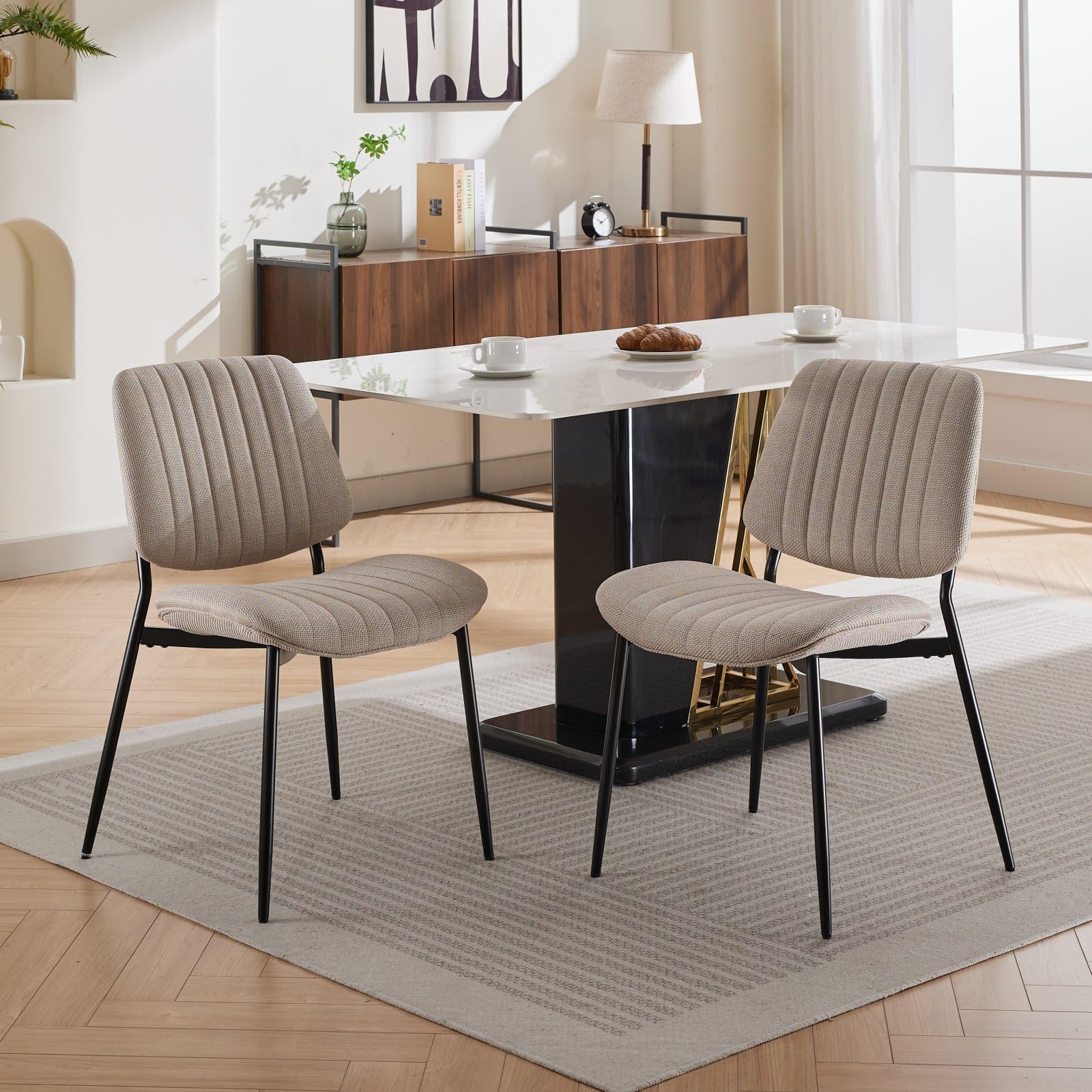 Mid-Century Modern Dining Chairs Set of 2 - Upholstered Retro Linen Chairs with Walnut Bentwood Back & Metal Legs, Adjustable Feet for Kitchen, Dining Room - Beige Vertical Stripes (Perfect for Small Spaces & Contemporary Home Decor)
