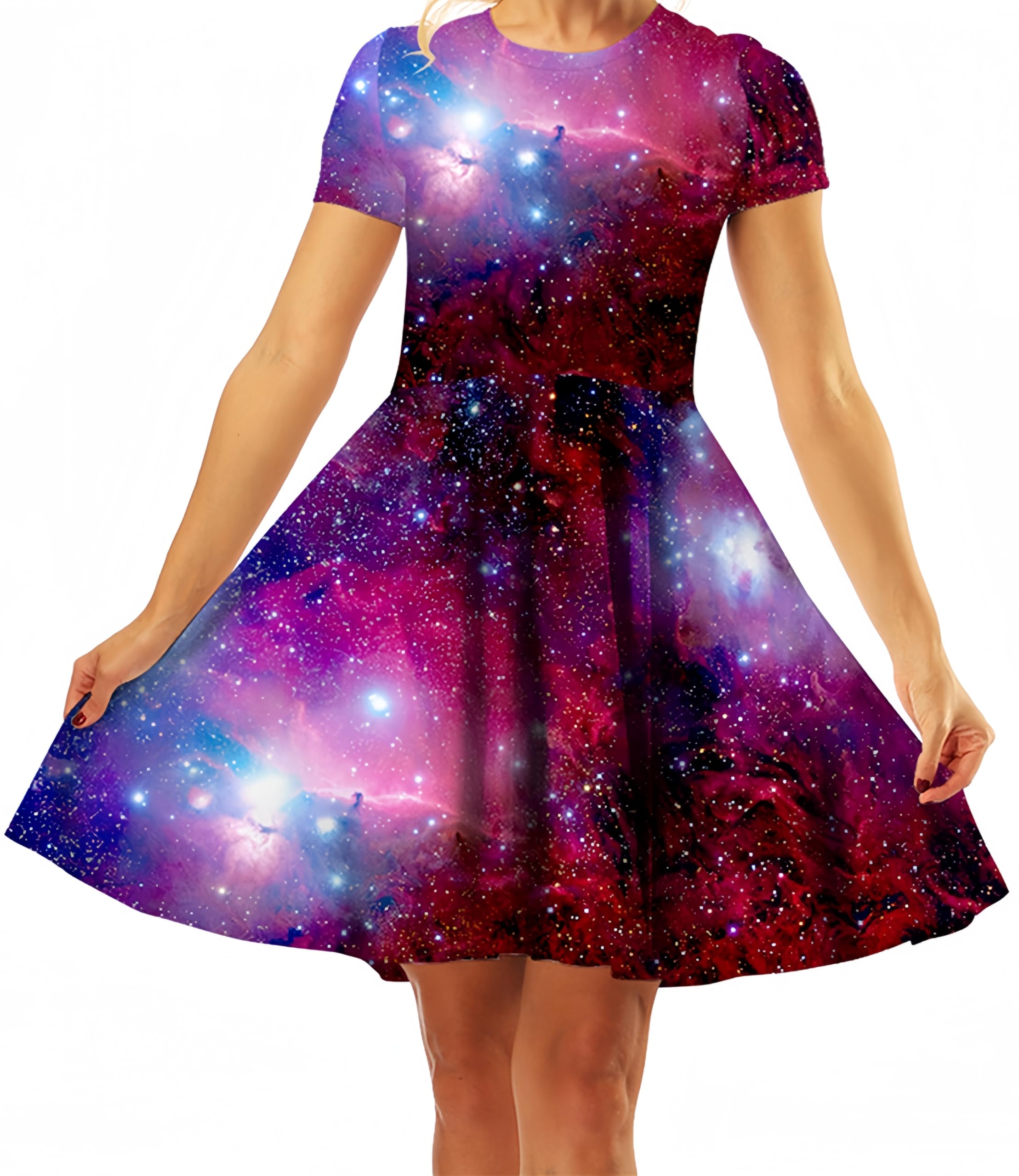 Ocean Plus Women's Starry Sky Print A-Line Short Sleeve Dress - Crew Neck Casual T-Shirt Dress with Swing Skirt for Summer, Beach, Party & Everyday Wear