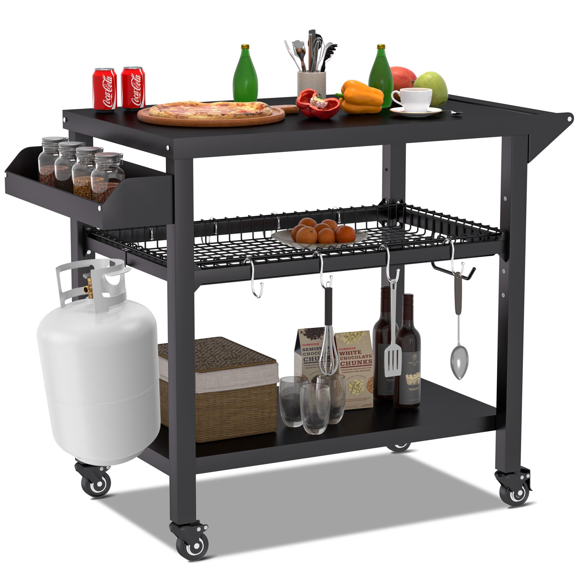 Spurgehom Grill Cart with Wheels - Outdoor Pizza Oven Stand & BBQ Prep Table | Portable Kitchen Cart with Mesh Racks for Patio, Backyard, Camping & Home Parties | Perfect for Outdoor Cooking, Dining & Entertaining