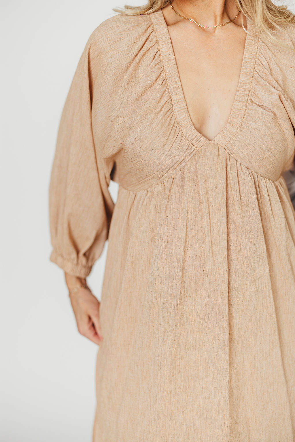 Finn V Neck Midi Dress in Taupe - Elegant Women's Casual & Party Dress for Work, Date Night & Special Occasions