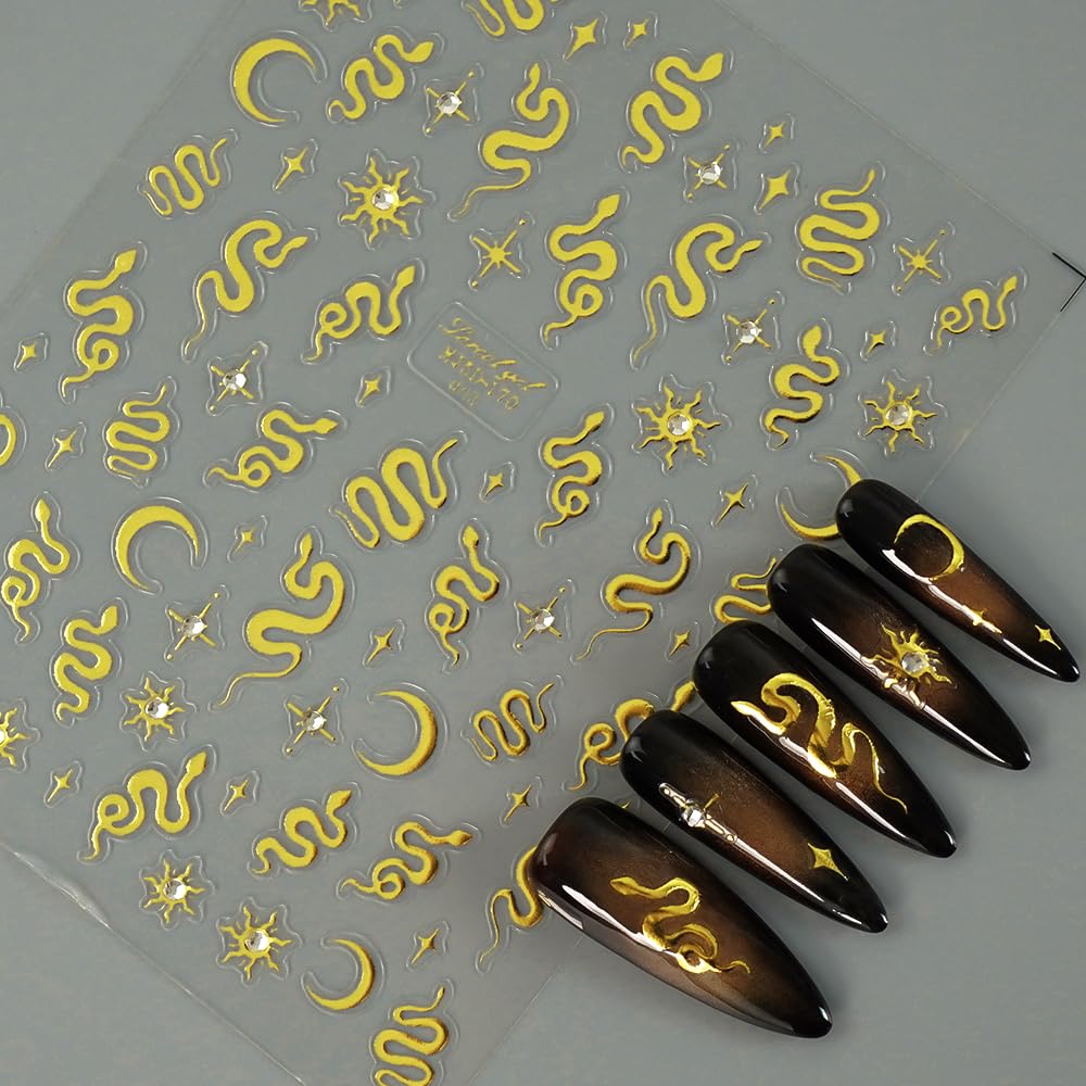 5D Gold & Silver Crystal Diamond Snake Nail Art Stickers - 2 Pack Embossed Self-Adhesive Horror Nail Decals for Women | Moon & Sun Nail Designs, Perfect for Halloween, Cosplay, and Gothic Nail Art Decoration