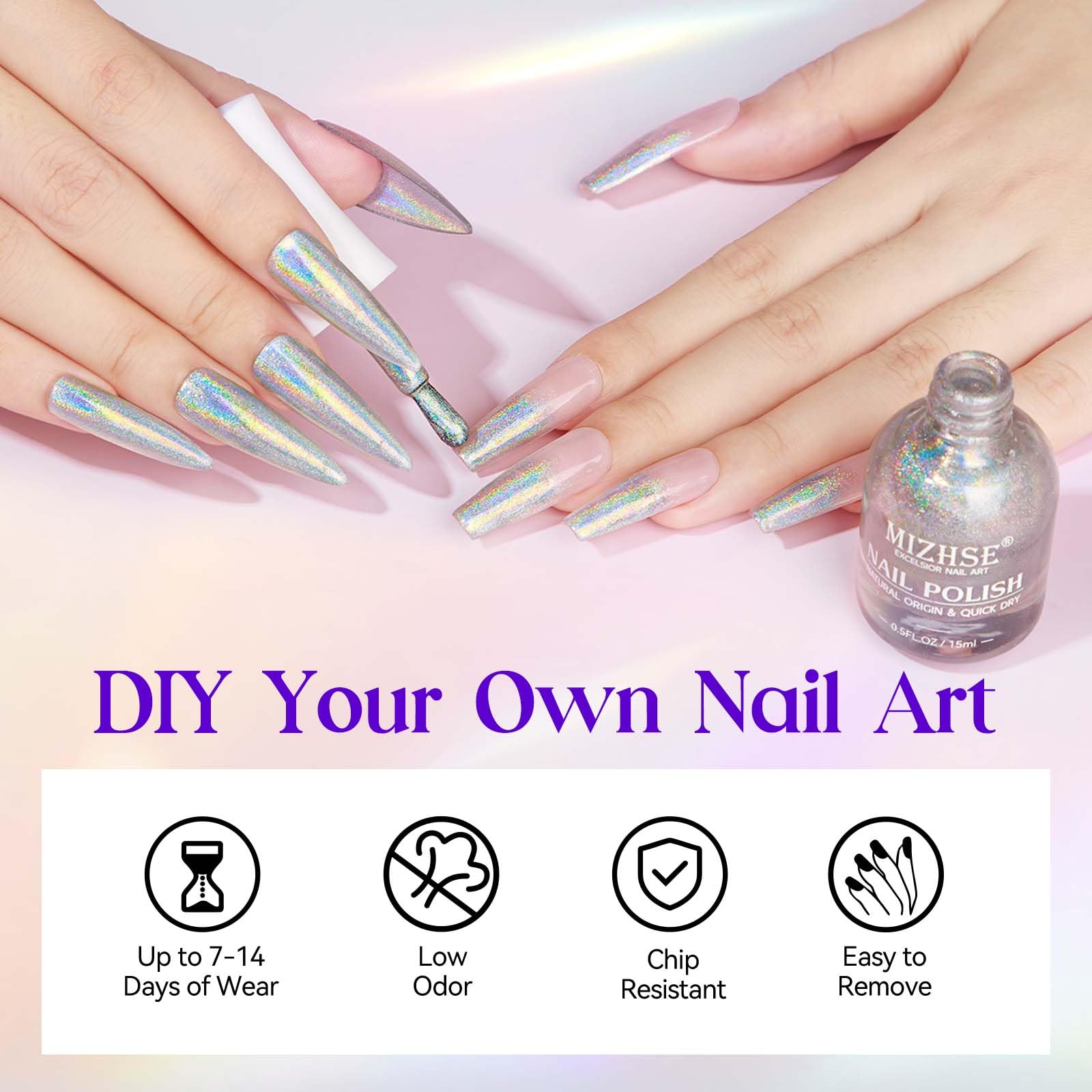 MIZHSE Holographic Nail Polish - Silver Glitter Nail Polish Fast Drying 15ml (0.5 fl oz) | High Gloss Shiny Oil-Based Chrome Nail Lacquer for Salon & Home Manicure | Perfect for Parties, Weddings & Special Occasions