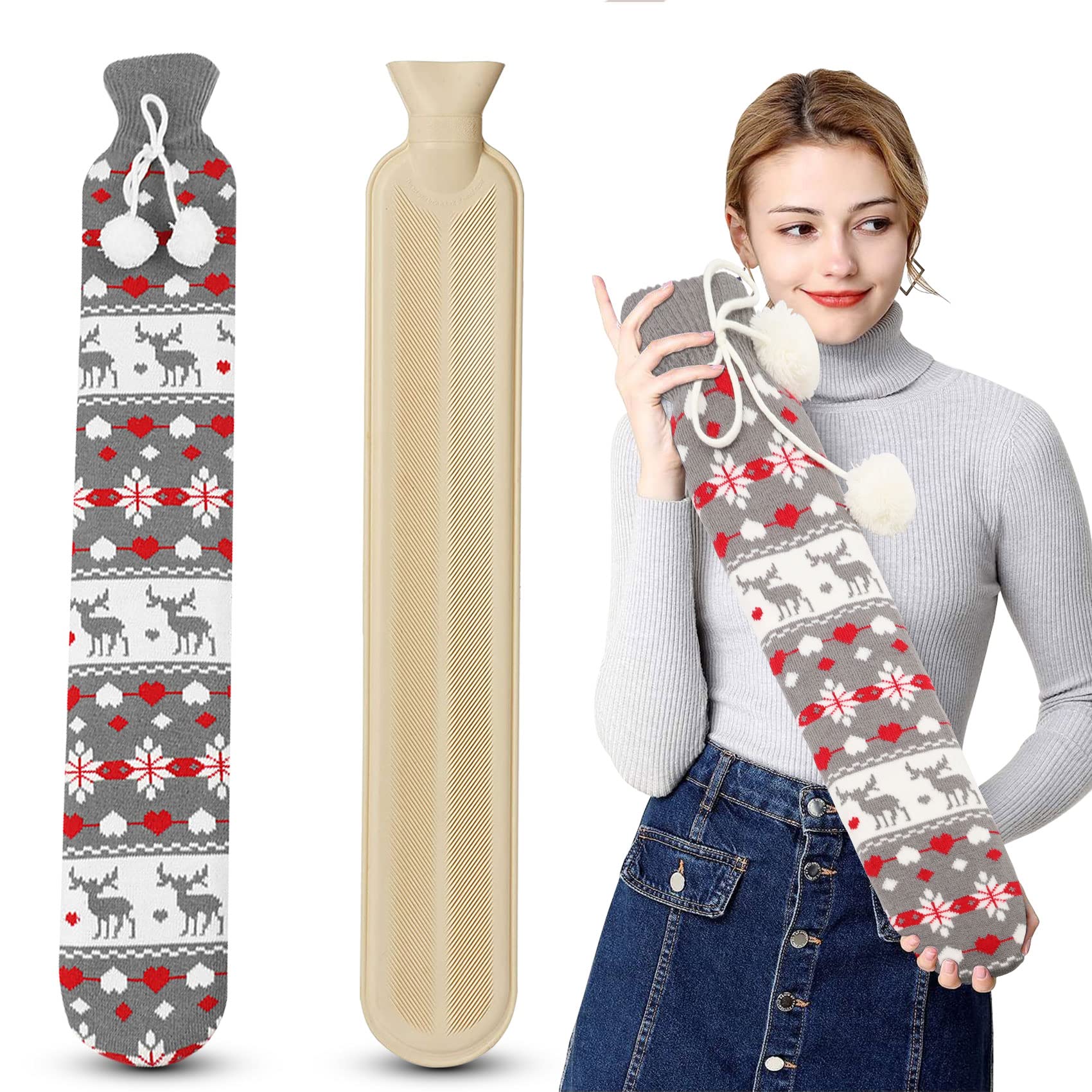 Abnaok Hot Water Bottle with Soft Cover - Natural Rubber for Neck, Shoulder & Body Pain Relief