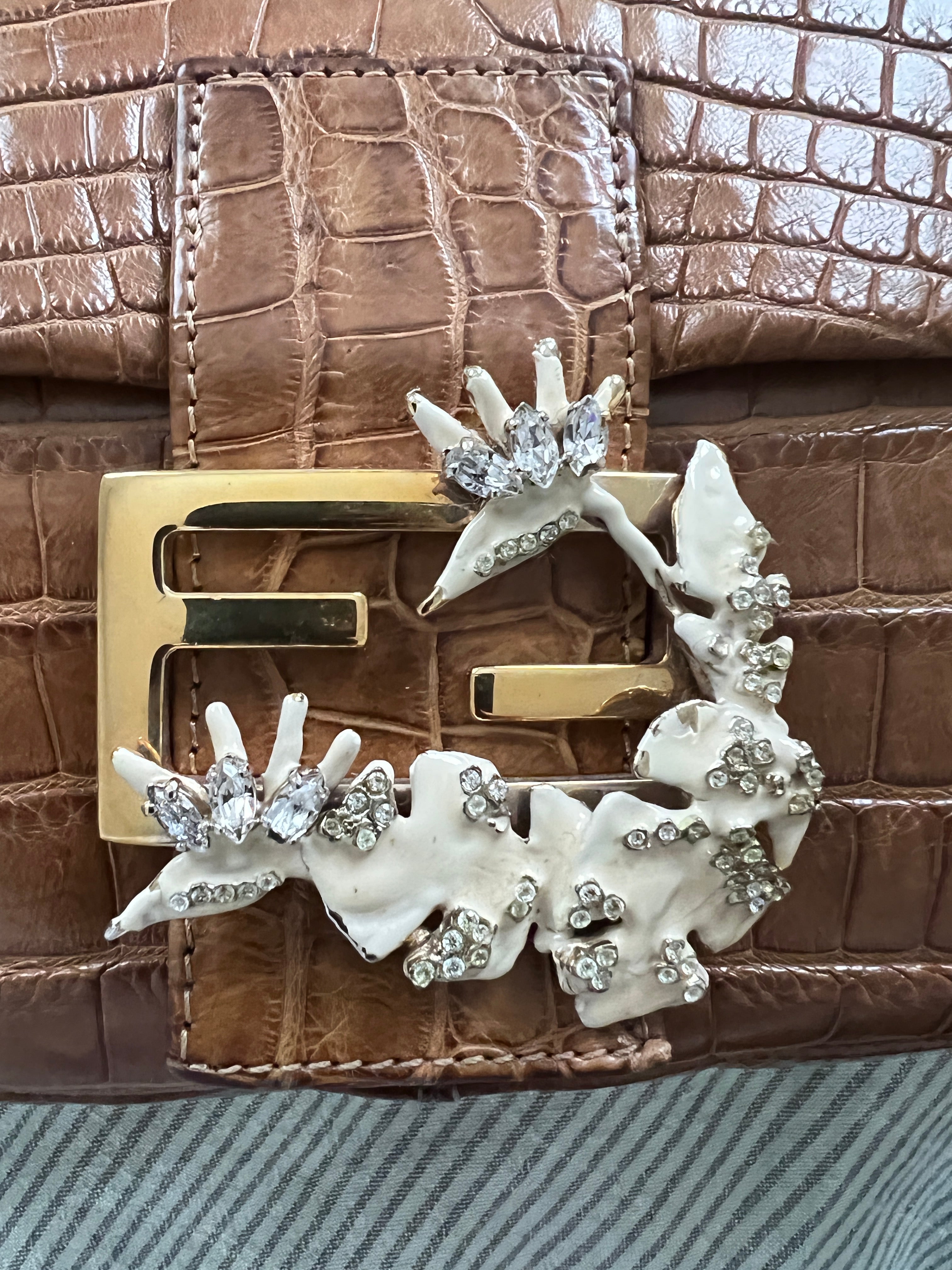 Vintage Fendi Crocodile Leather Enamel Baguette Handbag - Luxury Designer Purse for Women, Perfect for Evening Parties & Special Occasions
