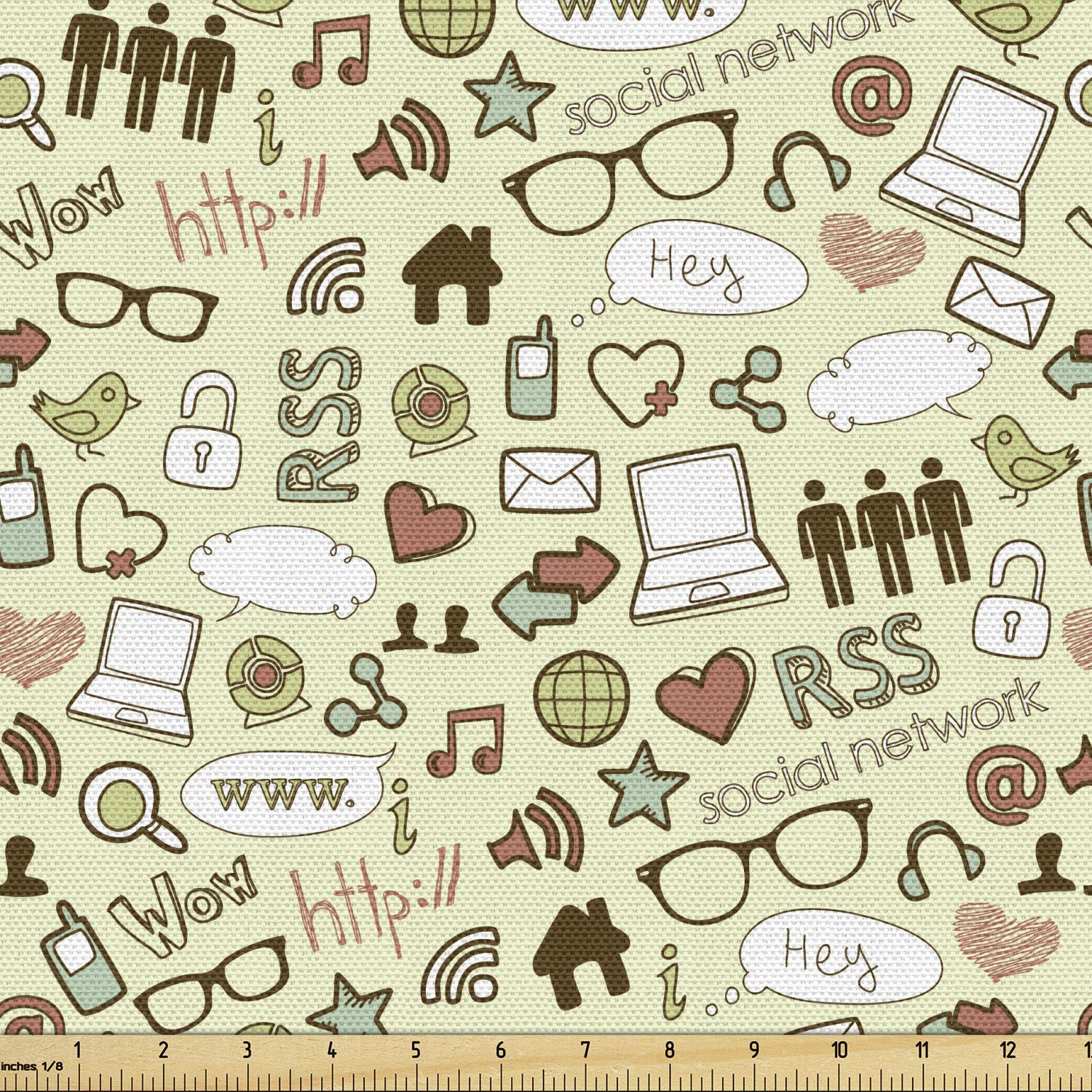 Ambesonne Geek Fabric by The Yard - IT Themed Computer Laptop Glasses & Social Network Print - 10 Yards Pale Green Upholstery Fabric for DIY Home Decor, Curtains, Pillows & Craft Projects