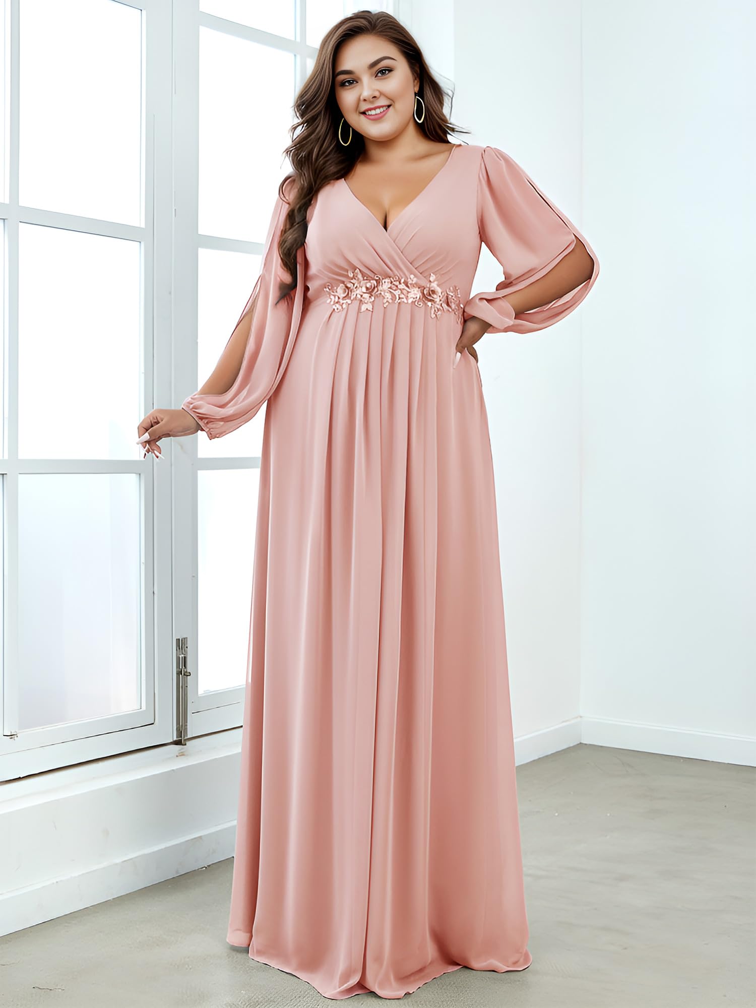 Ever-Pretty Plus Size Women's Formal Dress - Floor Length V-Neck Floral Applique Lantern Sleeve Gown for Curvy Women | Wedding Guest, Prom, Evening Party, Special Occasion