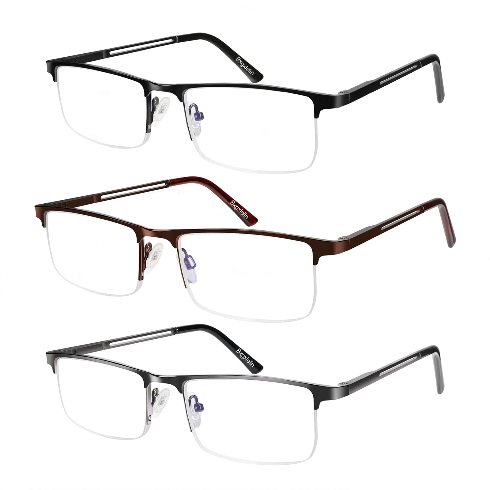 1.0-4.0x Blue Light Blocking Reading Glasses for Men - 3 Pack Lightweight Metal Half Frame Readers - Perfect for Computer Work, Gaming & Nighttime Reading