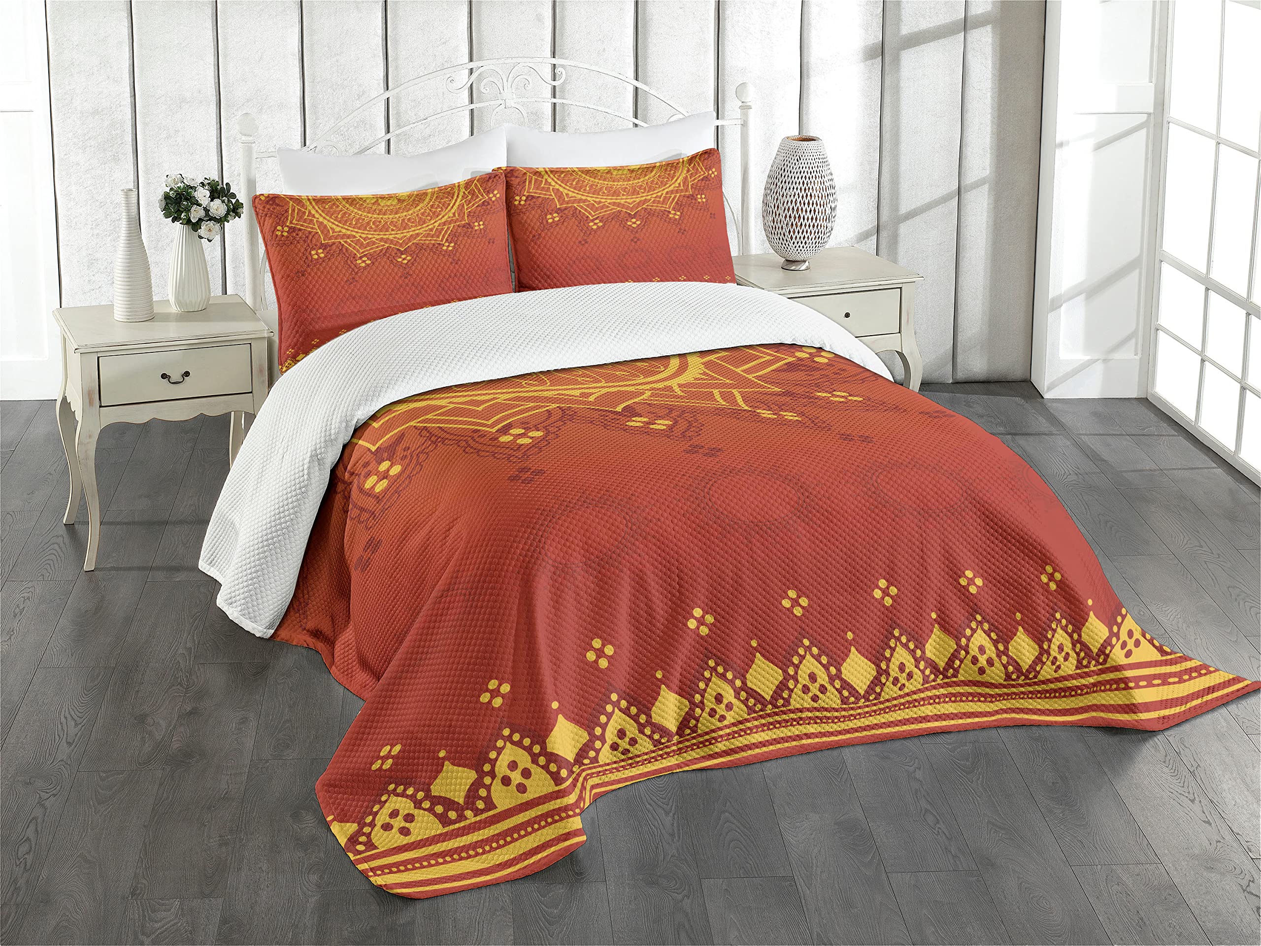 Ambesonne Lotus Boho Bedspread Set - 3 Piece King Size Bedding with Moroccan Traditional Floral Design & 2 Pillow Shams in Marigold Orange | Perfect for Bohemian Bedroom Decor, Guest Room Makeover & Cultural Themed Home Styling