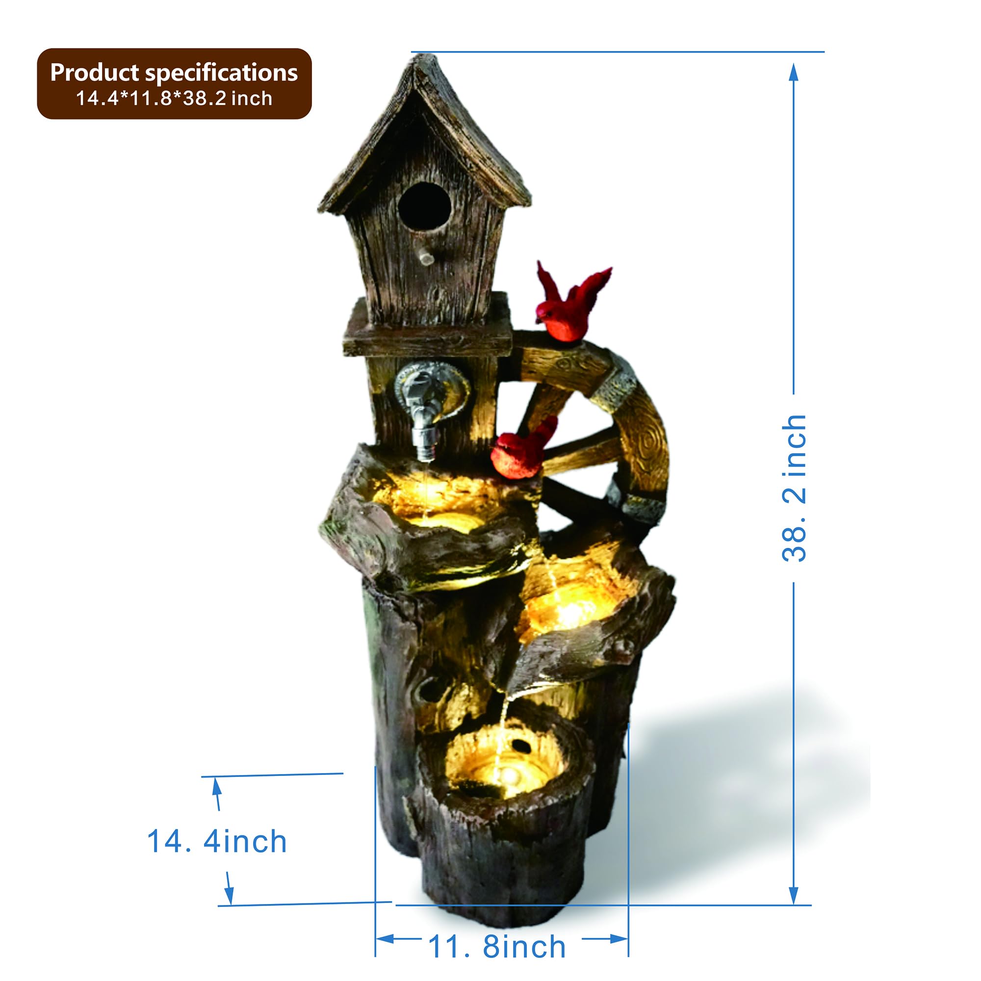 3-Tier Decorative Garden Birdhouse with LED Lights & Water Wheel - Outdoor Water Fountain for Patio, Yard, and Garden Decor