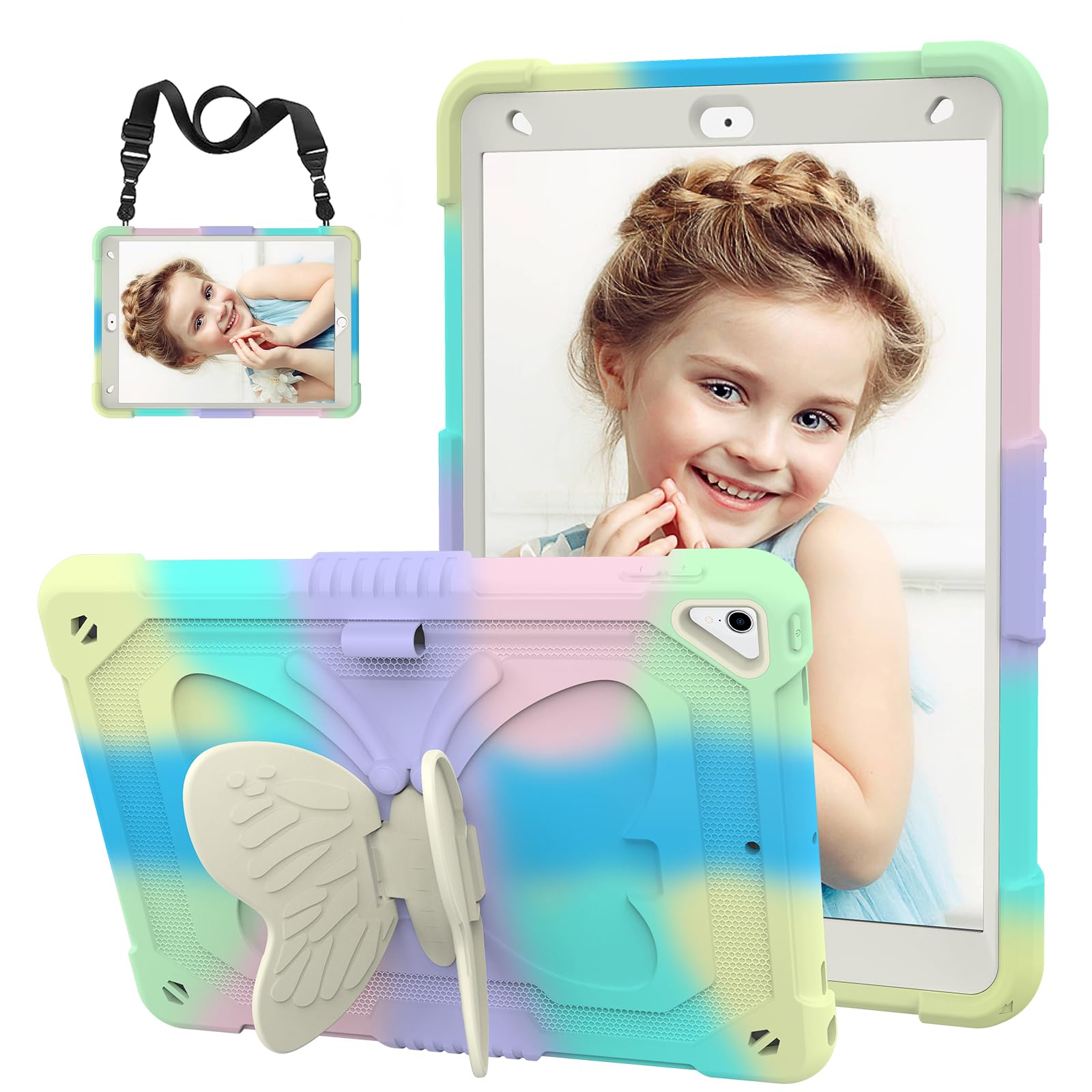 Shockproof iPad Case for Kids Girls - Compatible with iPad 9th/8th/7th Gen & iPad Air 3rd Gen (10.2 Inch), Built-in Pencil Holder, Butterfly Stand & Adjustable Shoulder Strap - Full Body Protective Cover (Green) - Perfect for School, Travel & Outdoor Activities