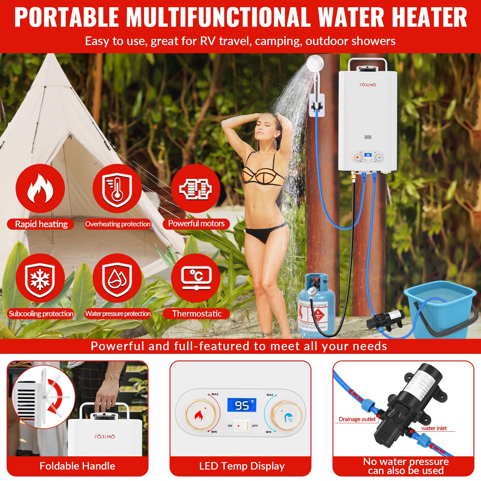Portable Propane Tankless Water Heater 2.64GPM 10L with Digital Display & Water Pump - Outdoor Instant Hot Water System for Camping, Boating, RV & Cabin Use
