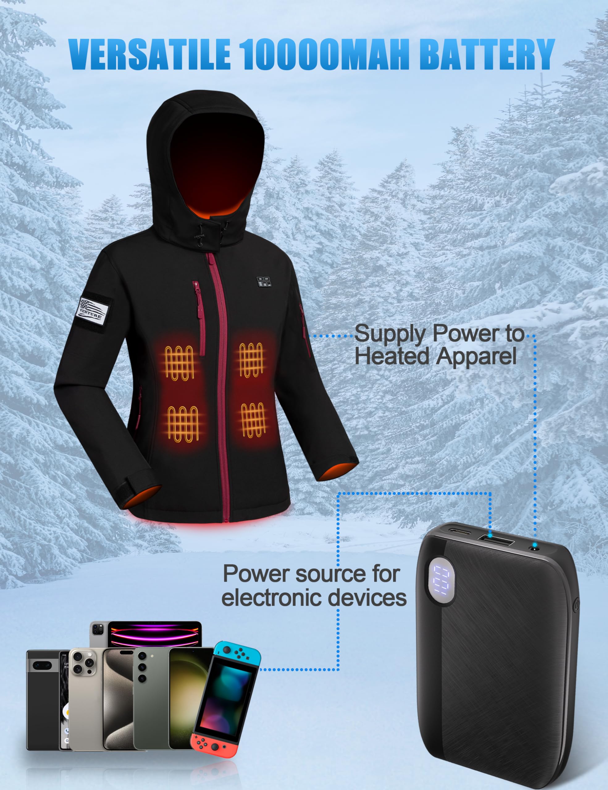Vencede Women's Heated Jacket with 10000mAh Battery Pack - Soft Shell Winter Coat with Detachable Hood - Perfect for Outdoor Activities, Skiing, Hiking & Cold Weather Commutes