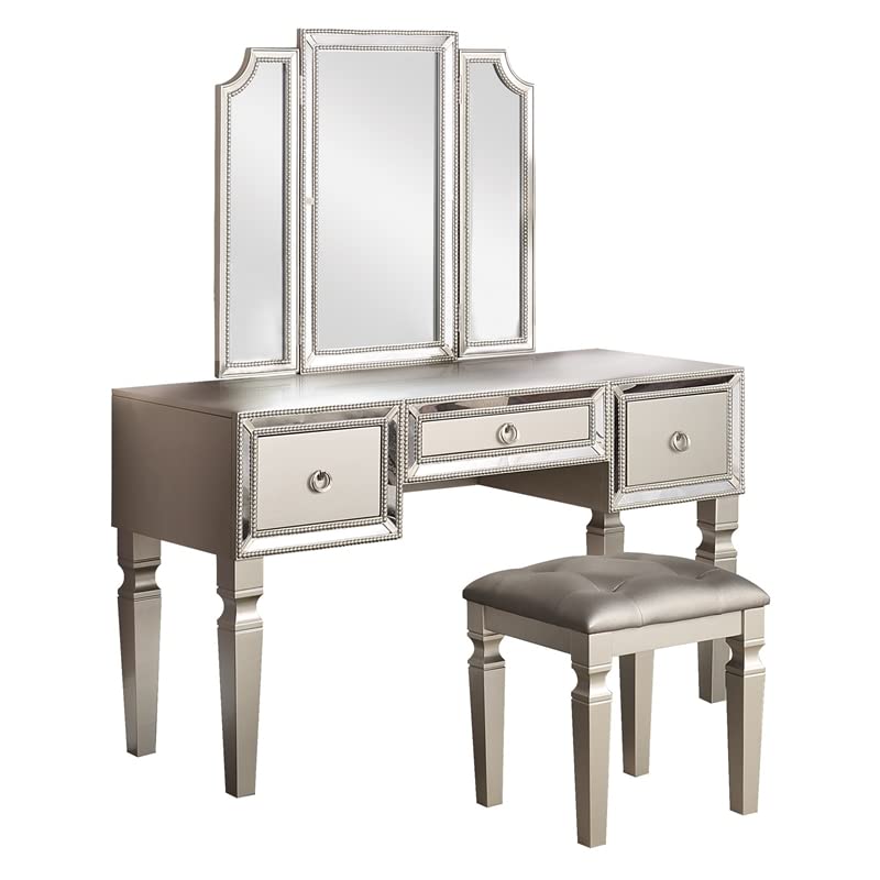 Poundex Vanity Set with Mirror and Stool - Elegant Dressing Table for Makeup & Hair Styling - Perfect for Bedroom, Bathroom, or Dressing Room
