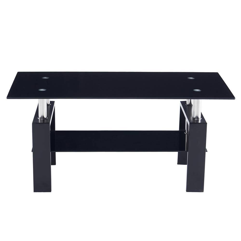 Modern Glass Coffee Table with Lower Shelf - Rectangle Tempered Glass Top & Stainless Steel Legs - Black Living Room Furniture for Home & Office Waiting Areas - Perfect for Lounge, Reception & Contemporary Spaces
