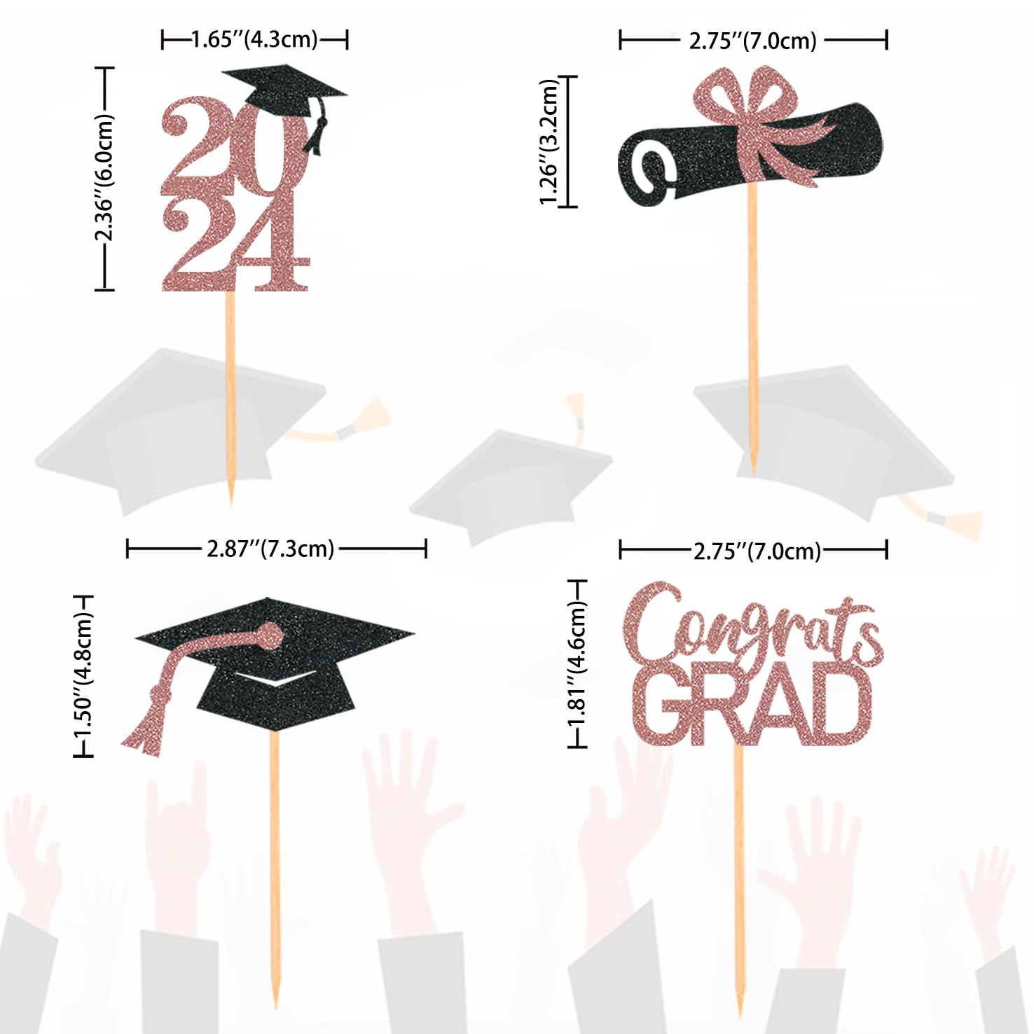 24Pcs Rose Gold Graduation Cupcake Toppers - Class of 2025 Cake Decorations, Food Picks for Graduation Party, School Ceremony & Celebration Supplies - Perfect for Graduation Cakes, Cupcakes & Dessert Displays