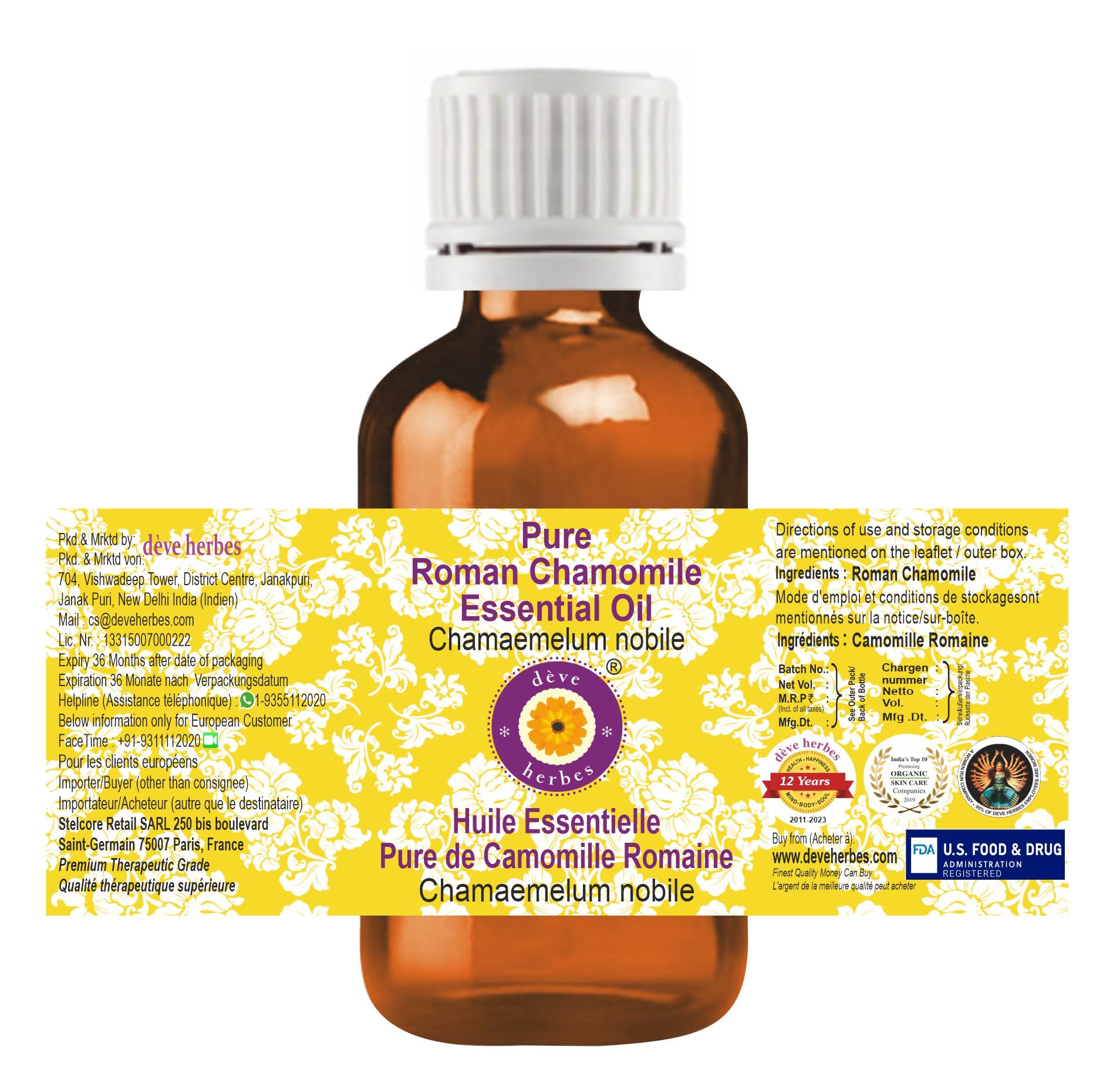 Deve Herbes Pure Roman Chamomile Essential Oil (Chamaemelum nobile) 50ml (1.69 oz) - Steam Distilled, 100% Natural for Aromatherapy, Relaxation & Skin Care - Perfect for Diffusers, Massage & DIY Beauty Products