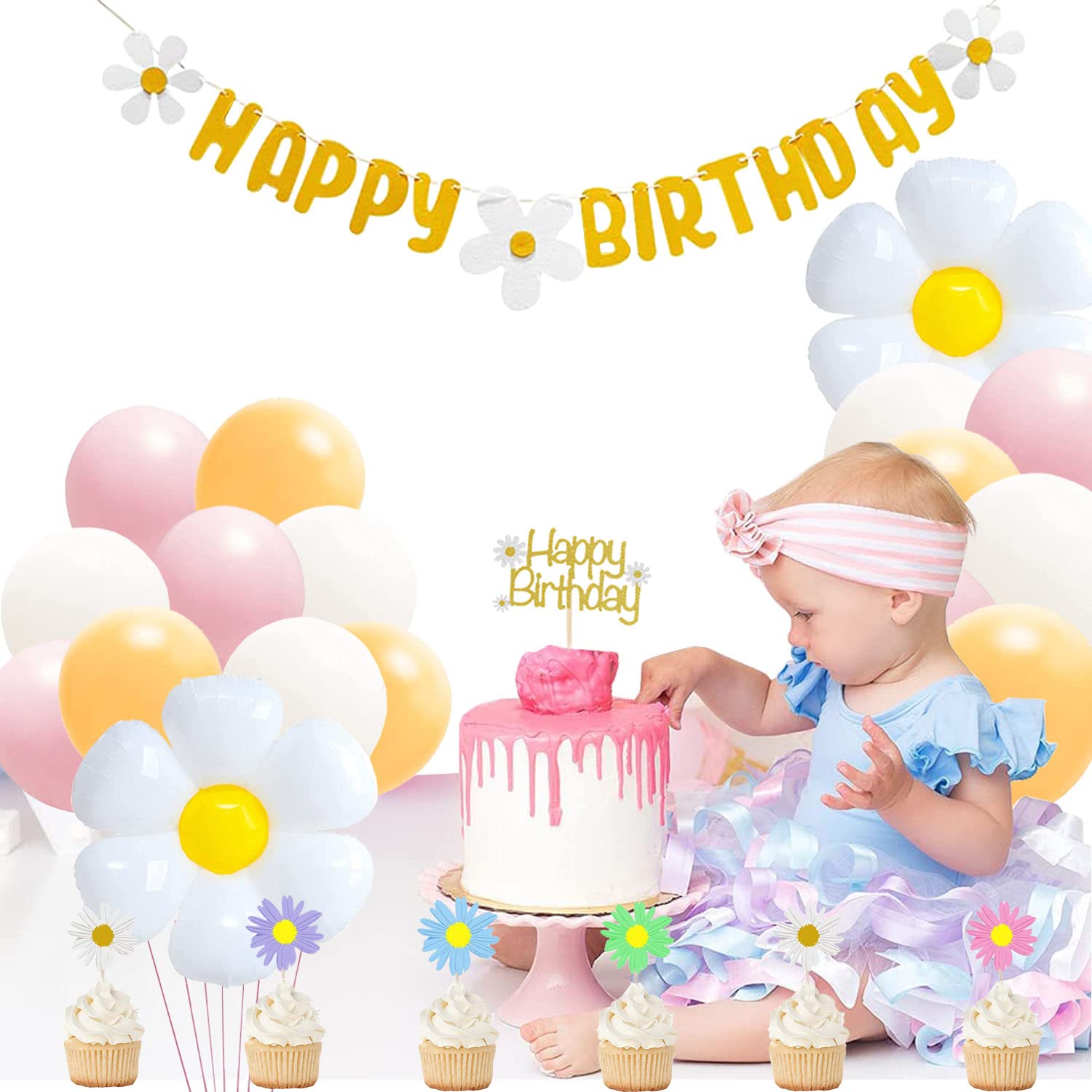 Daisy Flower Birthday Party Decorations Set - Happy Birthday Banner, Cake Topper & Large Balloons for Boho Hippie Themed Party | Perfect for Girls' Birthday, Baby Shower & Spring Celebrations