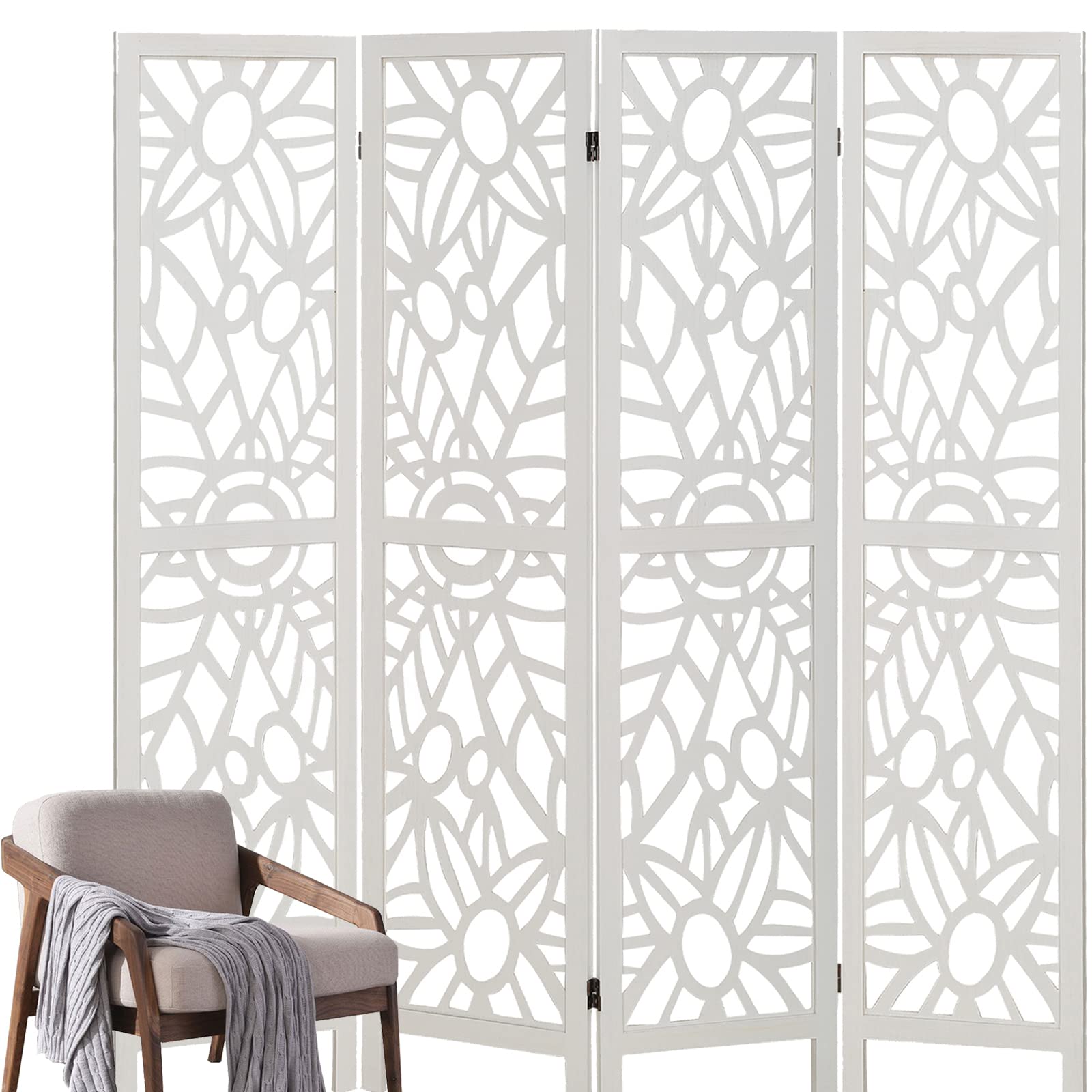 4 Panel Wood Room Divider 6Ft - Folding Privacy Screen for Home Office, Restaurant, Bedroom - Cream White Partition for Space Separation & Decoration