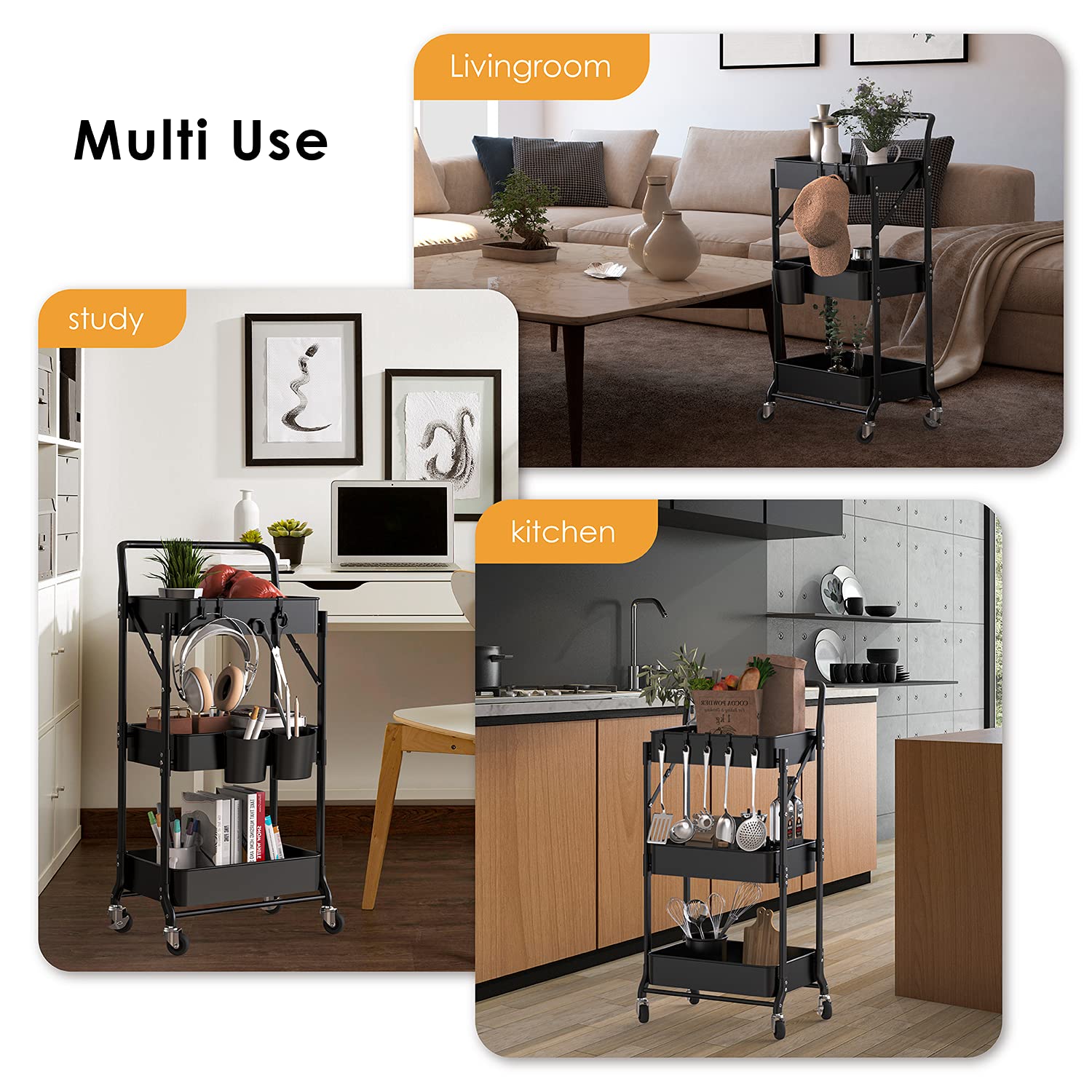 DTK 3-Tier Foldable Metal Rolling Cart with Wheels & Handle - 3 Hanging Cups & 6 Hooks Storage Organizer - Collapsible Utility Cart for Kitchen, Bathroom, Office (Black) | Perfect for Organizing Spices, Toiletries, or Office Supplies