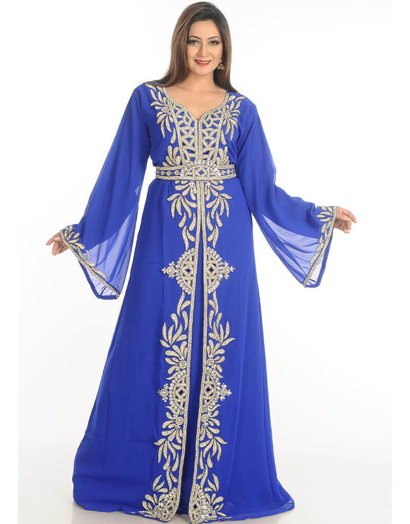 Elegant Royal Blue Arabic Kaftan Dress with Hand Embroidery - Perfect for Parties, Weddings & Special Occasions