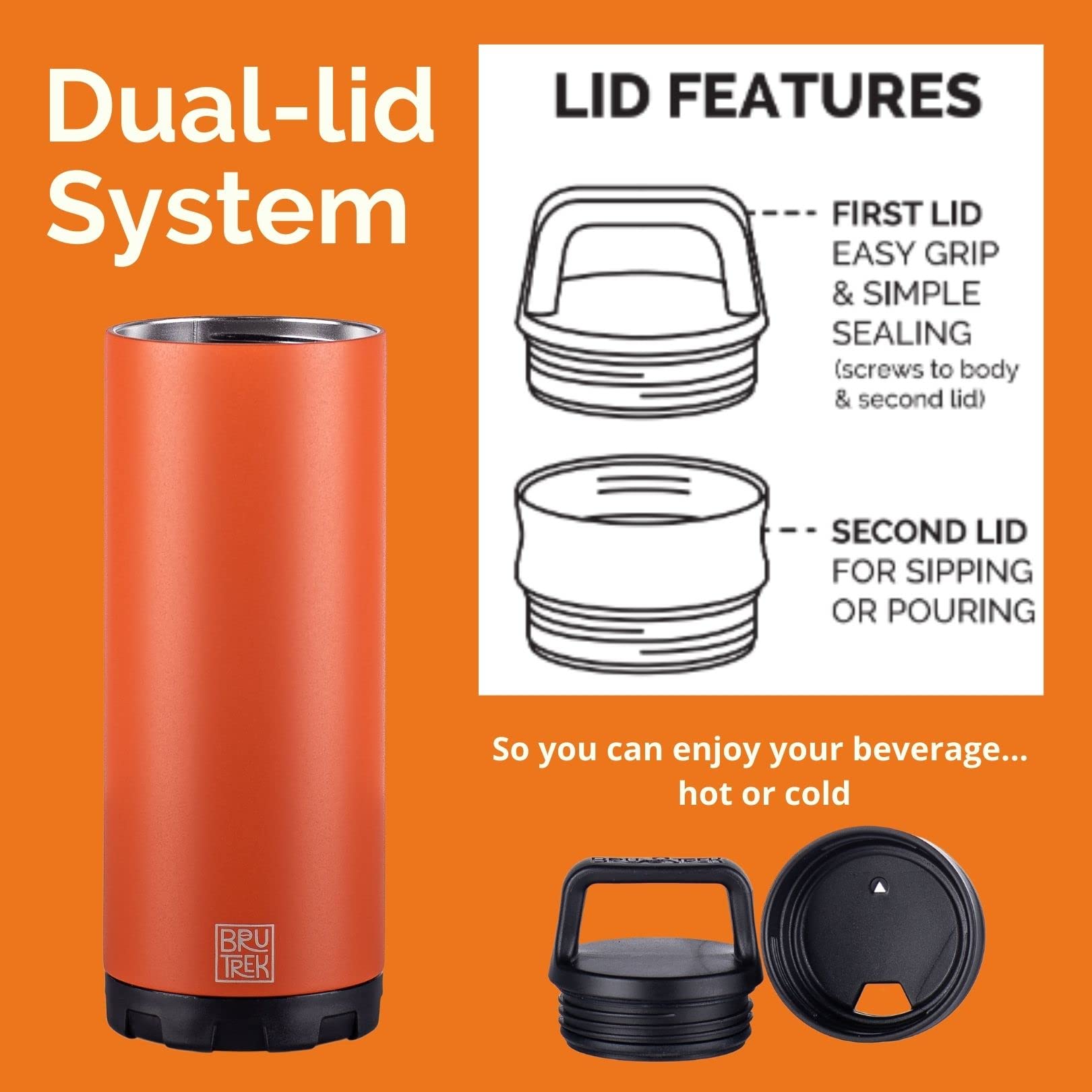BruTrekker 64 oz Insulated Stainless Steel Tumbler Mug - Keeps Drinks Hot & Cold for 24 Hours - Reusable Coffee, Water & Beer Growler with 2-Piece Drink & Pour Lid (Red Rock) - Perfect for Camping, Hiking & Outdoor Adventures