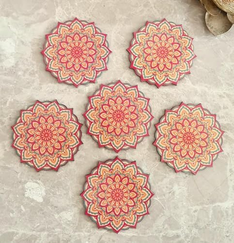 My Creative Hut Set of 6 Tea Coasters with Stand - Beautiful Mandala Design for Tea Cups, Coffee Mugs & Glasses - Perfect for Home Decor, Office Use & Diwali Gifts (Red)