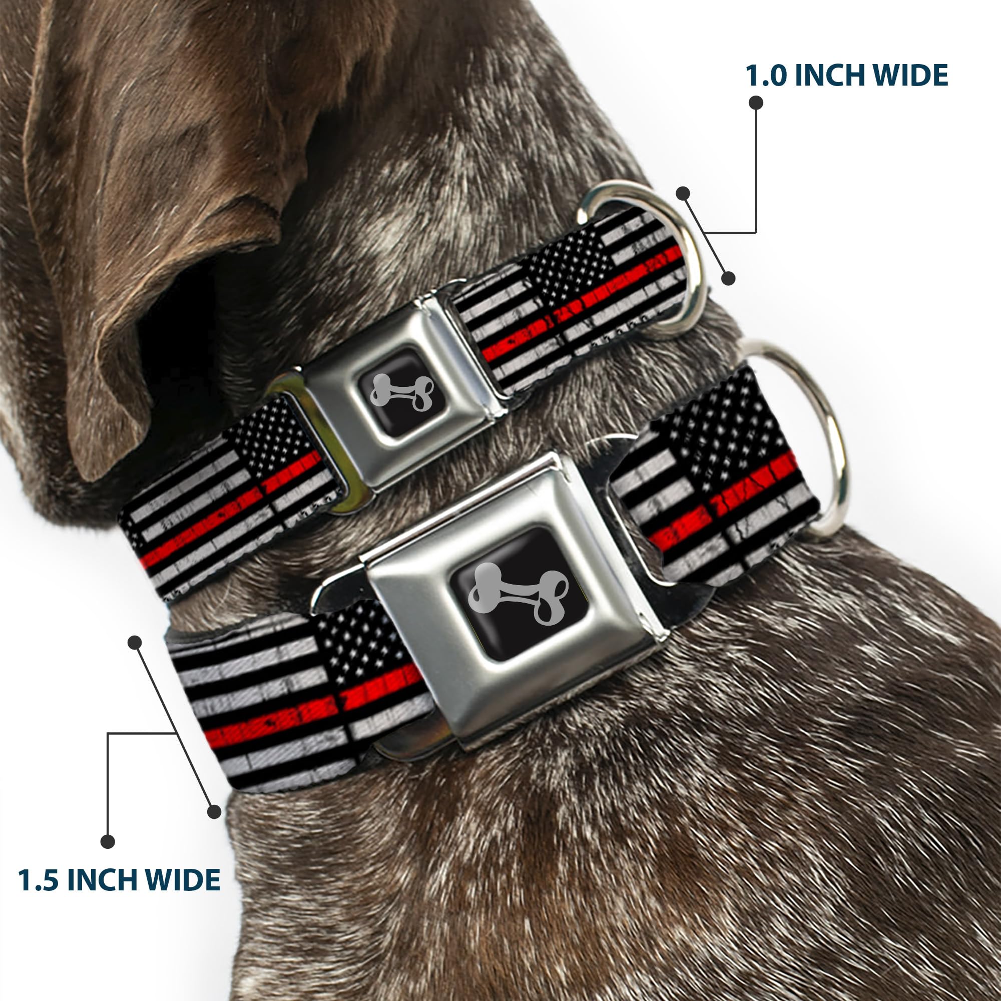American Flag Dog Collar with Seatbelt Buckle - Thin Red Line Weathered Design, 16-23 Inches Adjustable, 1.5 Inch Wide - Perfect for Patriotic Pet Owners & Outdoor Adventures