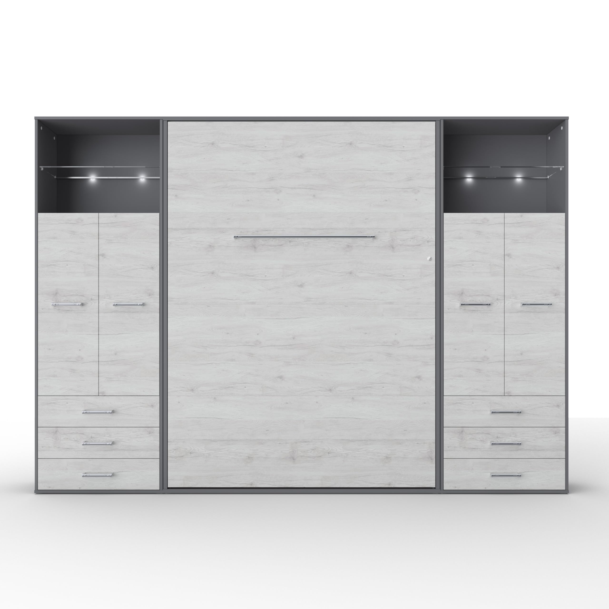 Vertical Wall Bed with Mattress - European Queen Size with 2 Storage Cabinets (Grey/White Monaco) | Space-Saving Murphy Bed for Small Apartments & Guest Rooms