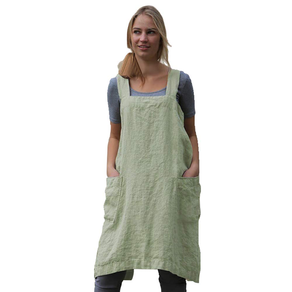 Women's Cross Back Pinafore Apron - Cotton Linen Blend Square Dress with 2 Pockets for Baking, Cooking & Gardening - Light Green | Perfect for Home Kitchen, BBQ, Pottery & Farm Work