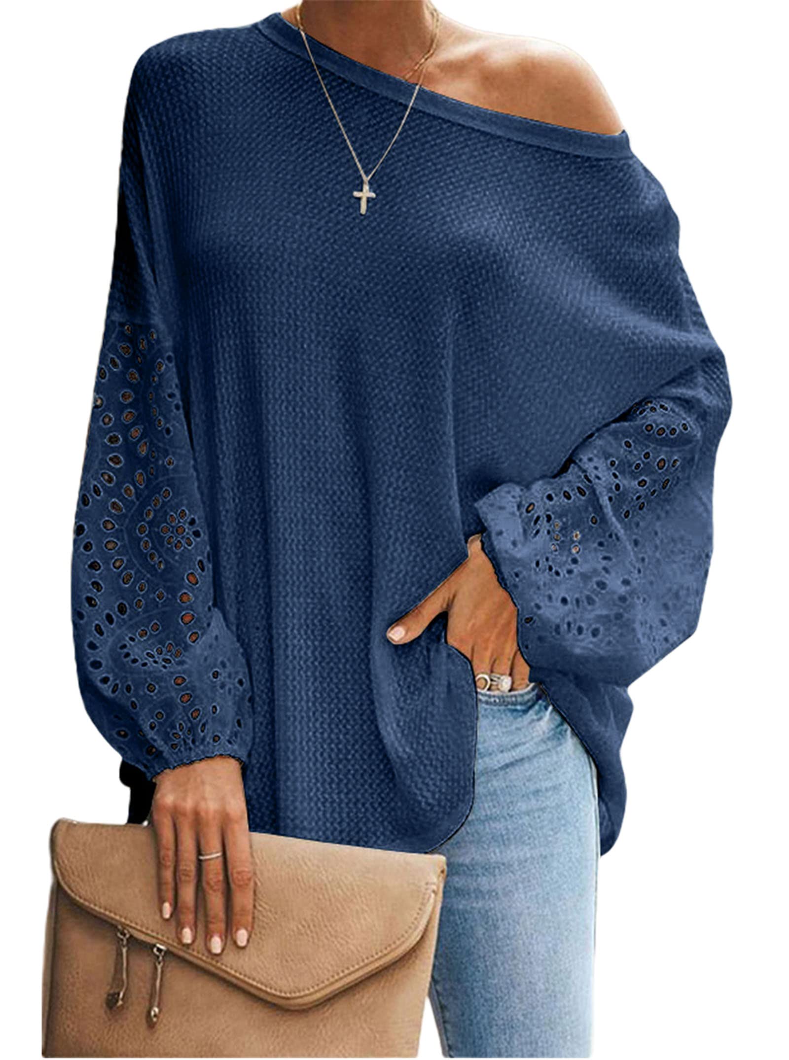 LilyCoco Women's Off Shoulder Long Sleeve Waffle Knit Sweater Top - Casual Fall Winter Pullover Shirt for Date Night, Office Wear & Holiday Outfits