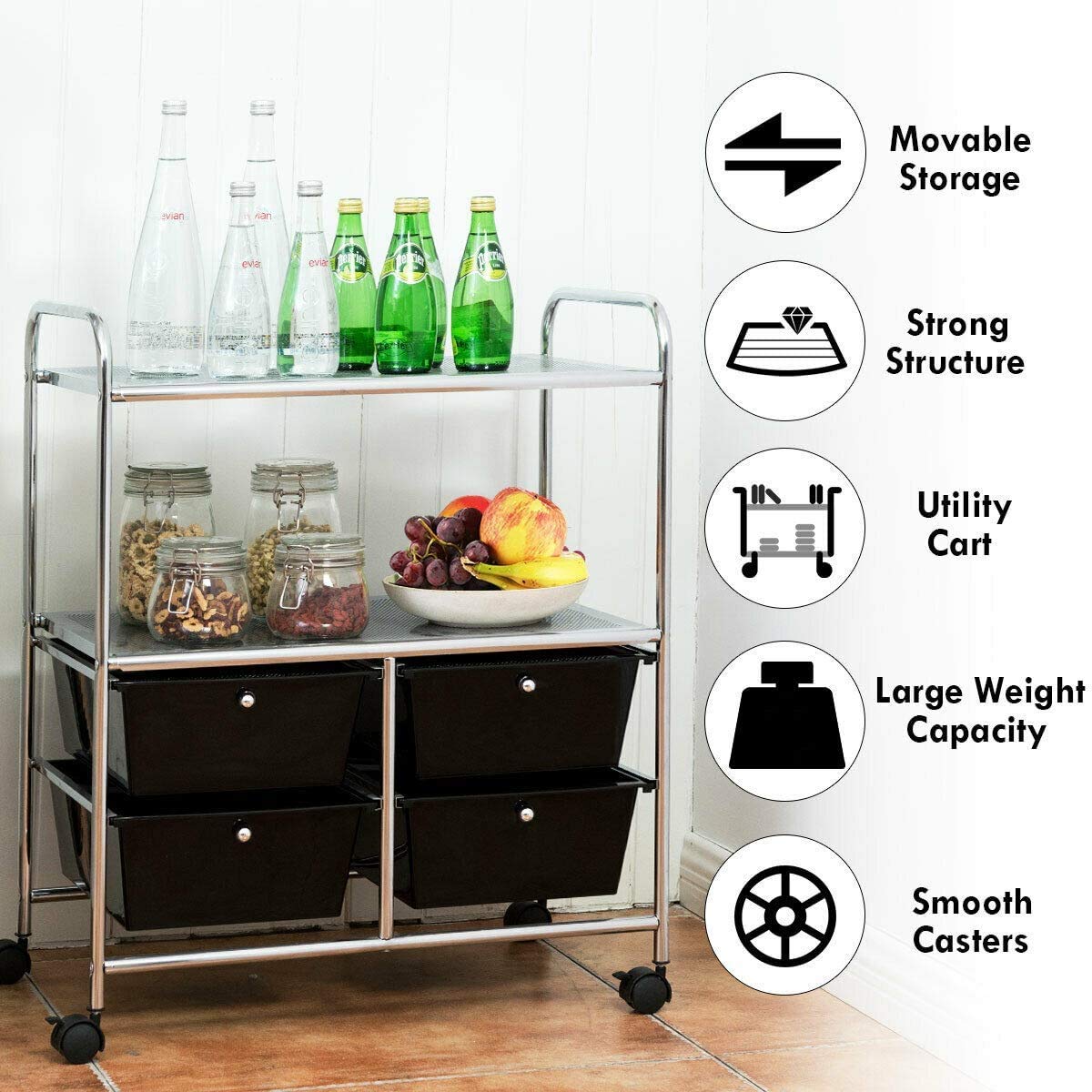 Byroce 4-Drawer Rolling Storage Cart with 2 Shelves & Wheels - 3-Tier Metal Utility Trolley with Handles for Home, Office & Kitchen Organization (Black) - Perfect for Pantry, Bathroom & Craft Room Storage