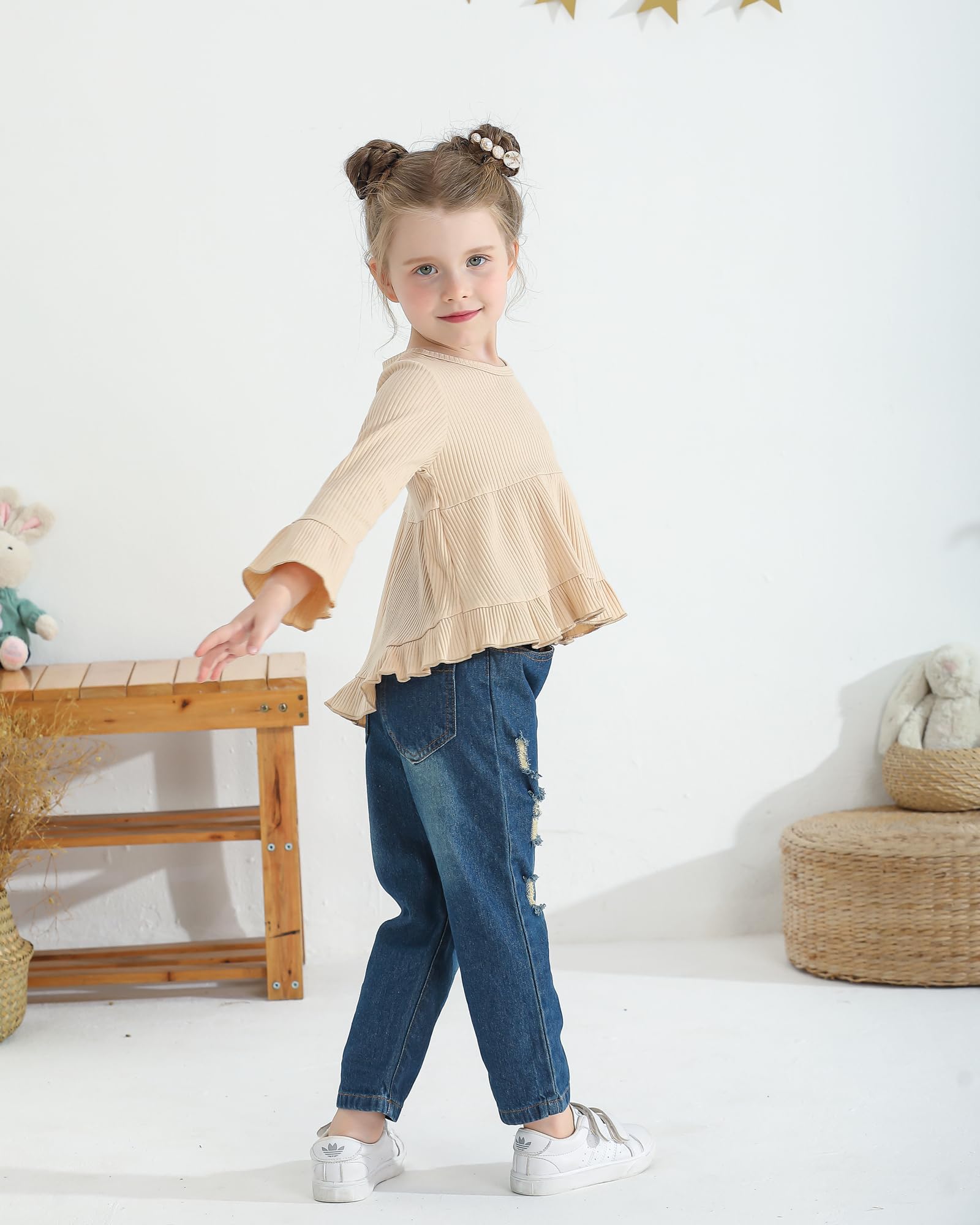 Baby Girl Clothes Set - Toddler Girls Ruffle Shirt & Denim Jeans Outfit | Cute Fall Winter Toddler Outfits | Perfect for Playdates, Family Photos & Holiday Events