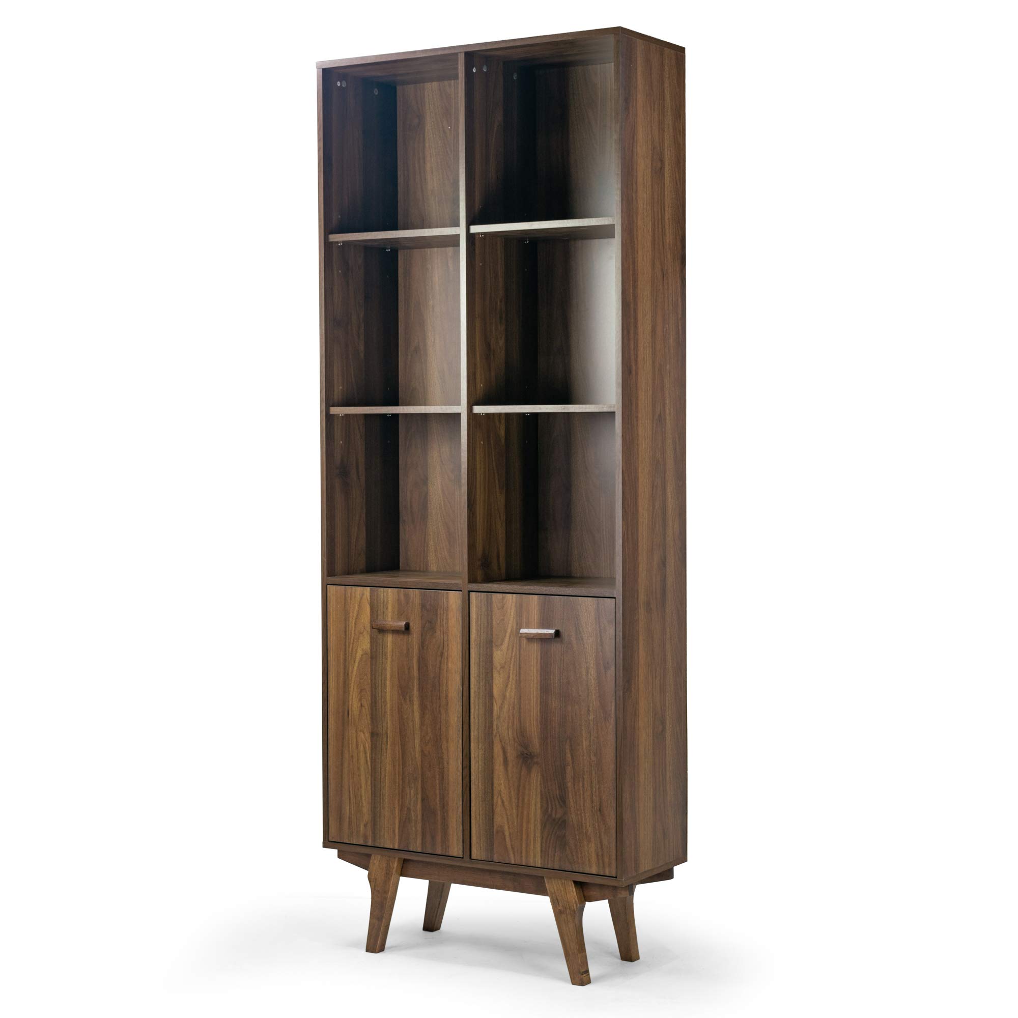Ansel Wood Bookcase Display Shelf with Storage Cabinet in Walnut - Stylish Living Room Furniture for Home Office & Modern Decor