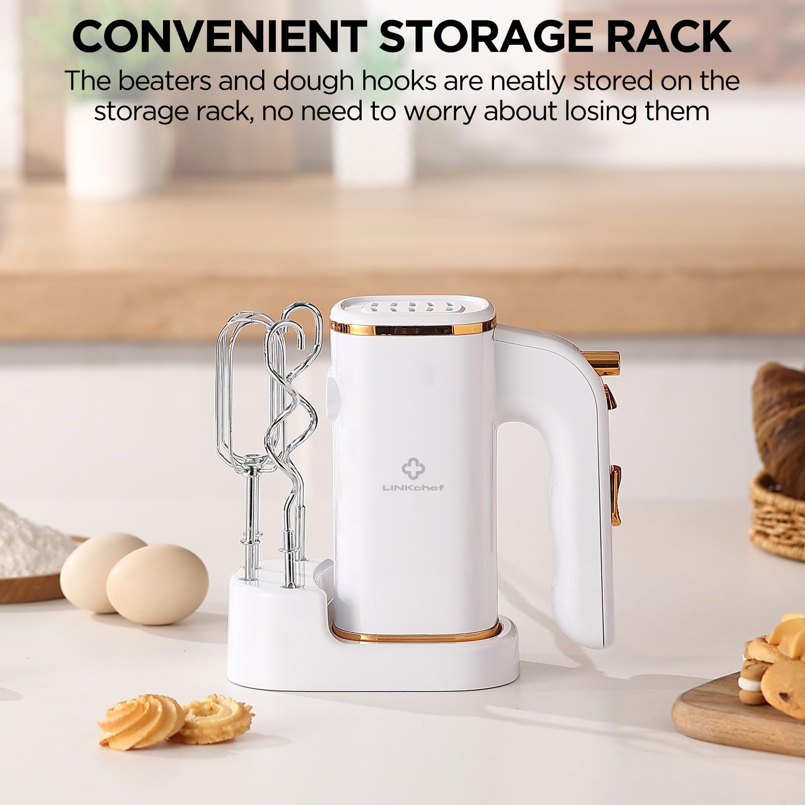 LINKChef 450W Electric Hand Mixer - 5-Speed Turbo Handheld Blender with Whisk & Dough Hook, Storage Base - Perfect for Baking Cakes, Cookies, Brownies, Whipping Cream & Mixing Eggs - Ideal for Home Kitchen, Professional Bakeries & Holiday Cooking