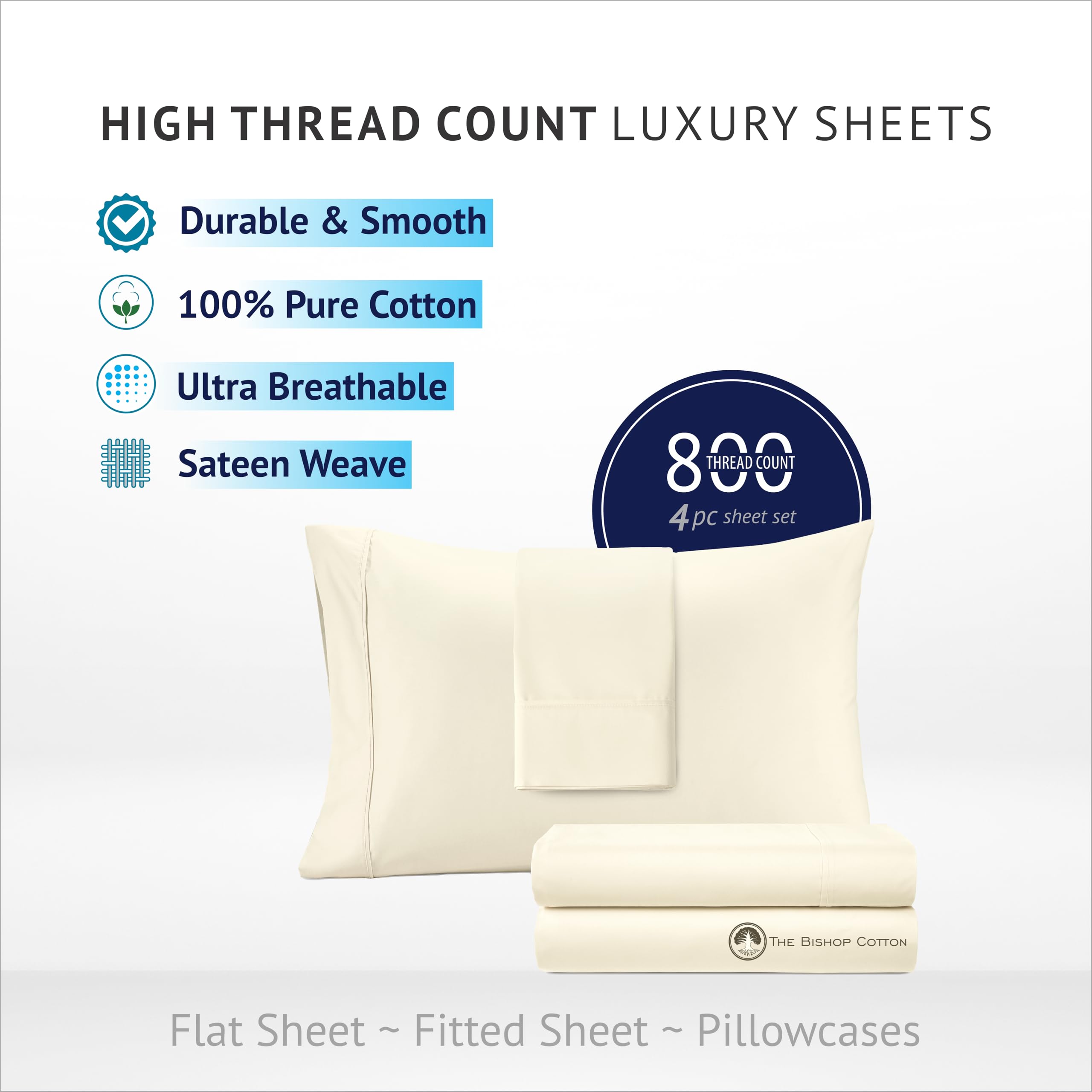 Premium 100% Egyptian Cotton Full Size Bed Sheets Set - 4 Piece 800 Thread Count Sateen Bedding with 14