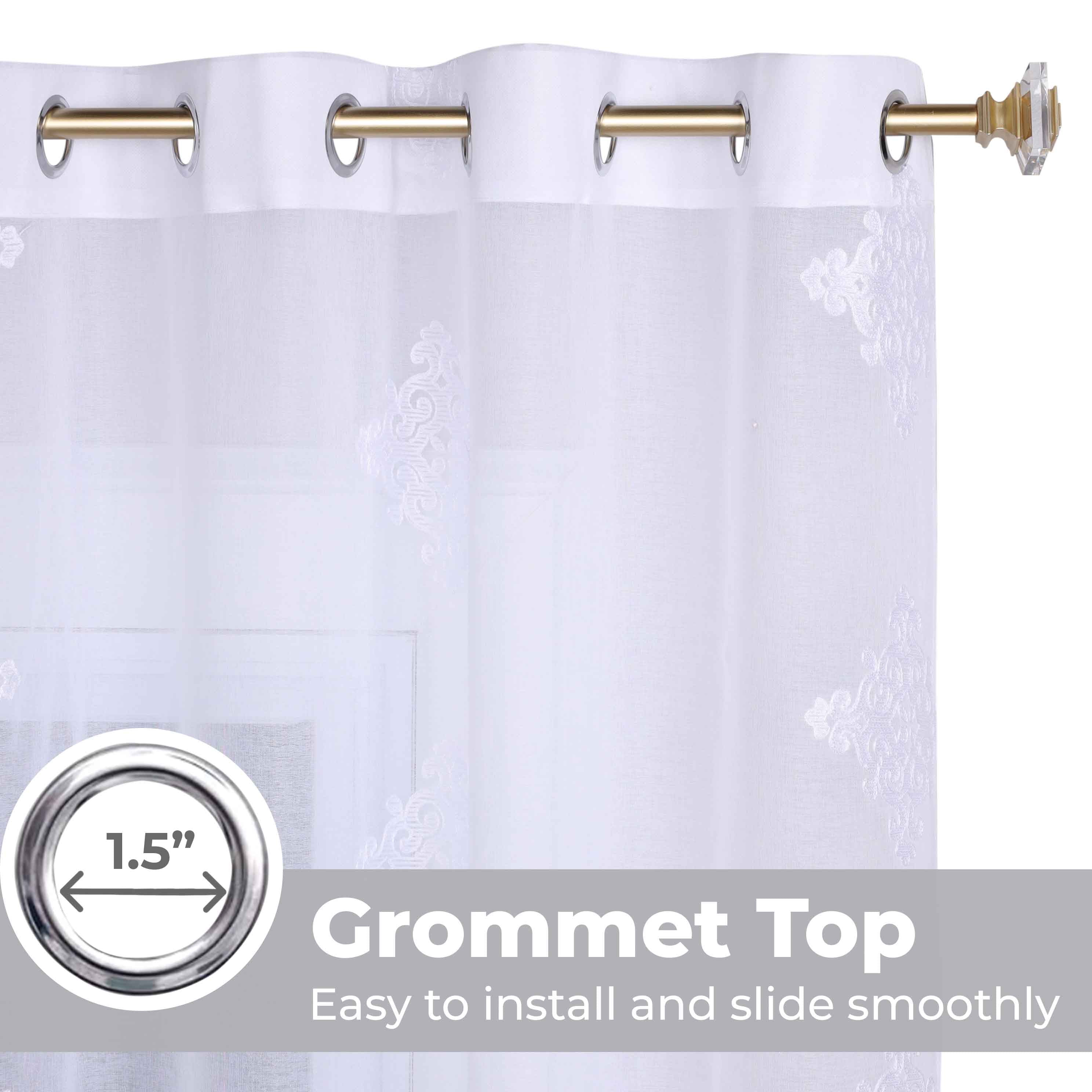 Embroidered Damask Sheer Grommet Curtain Panel Set - Elegant Window Treatment for Living Room, Bedroom & Dining Room - Light Filtering & Privacy Sheer Drapes