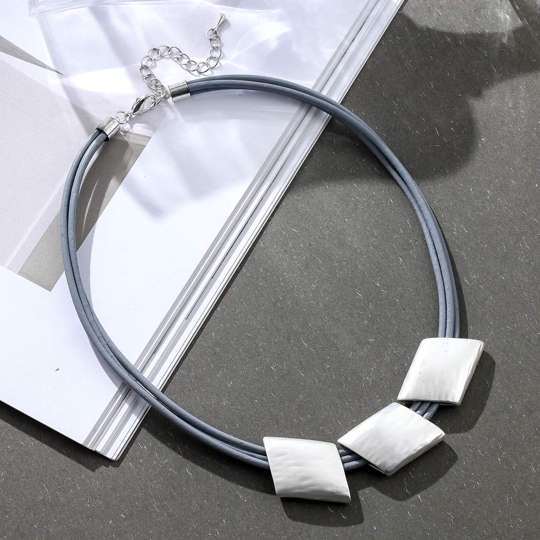 Grey Leather Choker Necklace for Women - Chunky Silver Pendant Fashion Jewelry | Gothic Punk Style, Layering Accessory, Gift Idea
