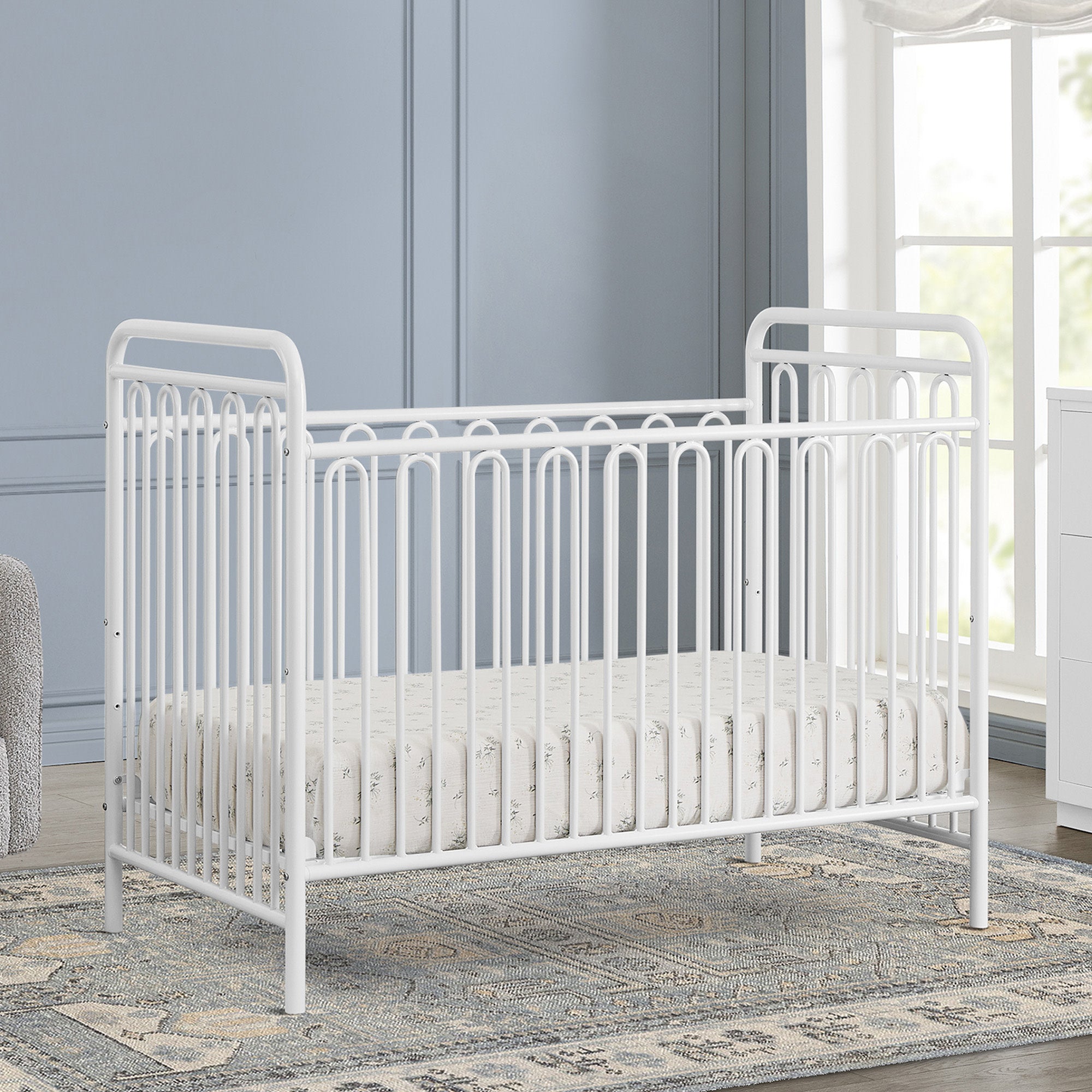 Darcy 4-in-1 Convertible Metal Baby Crib - Toddler Bed, Daybed & Full-Size Bed Conversion - Modern Nursery Furniture for Newborns to Teens (White) | Perfect for Small Spaces & Growing Families