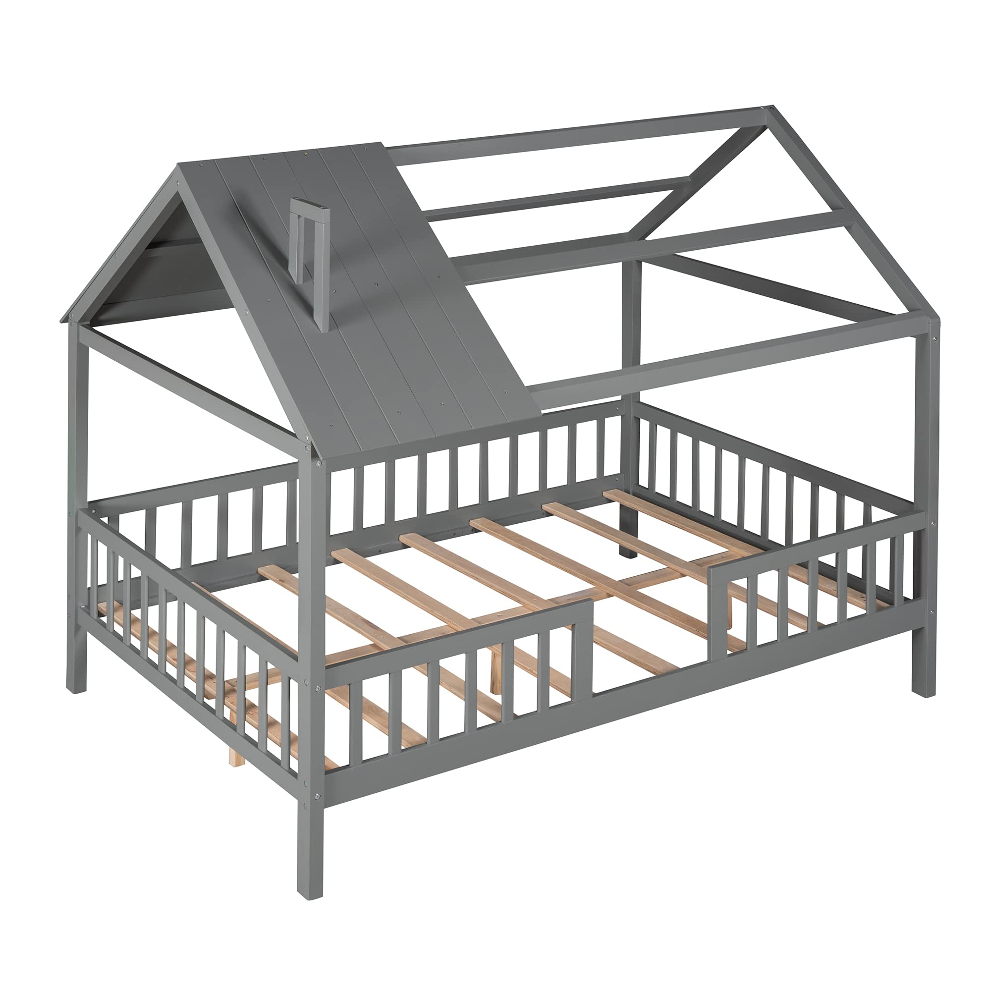 Merax Full House Bed for Kids - Wooden House-Shaped Bed Frame with Roof Windows & Safety Rails - Grey - Perfect for Kids' Bedroom, Playroom & Sleepovers