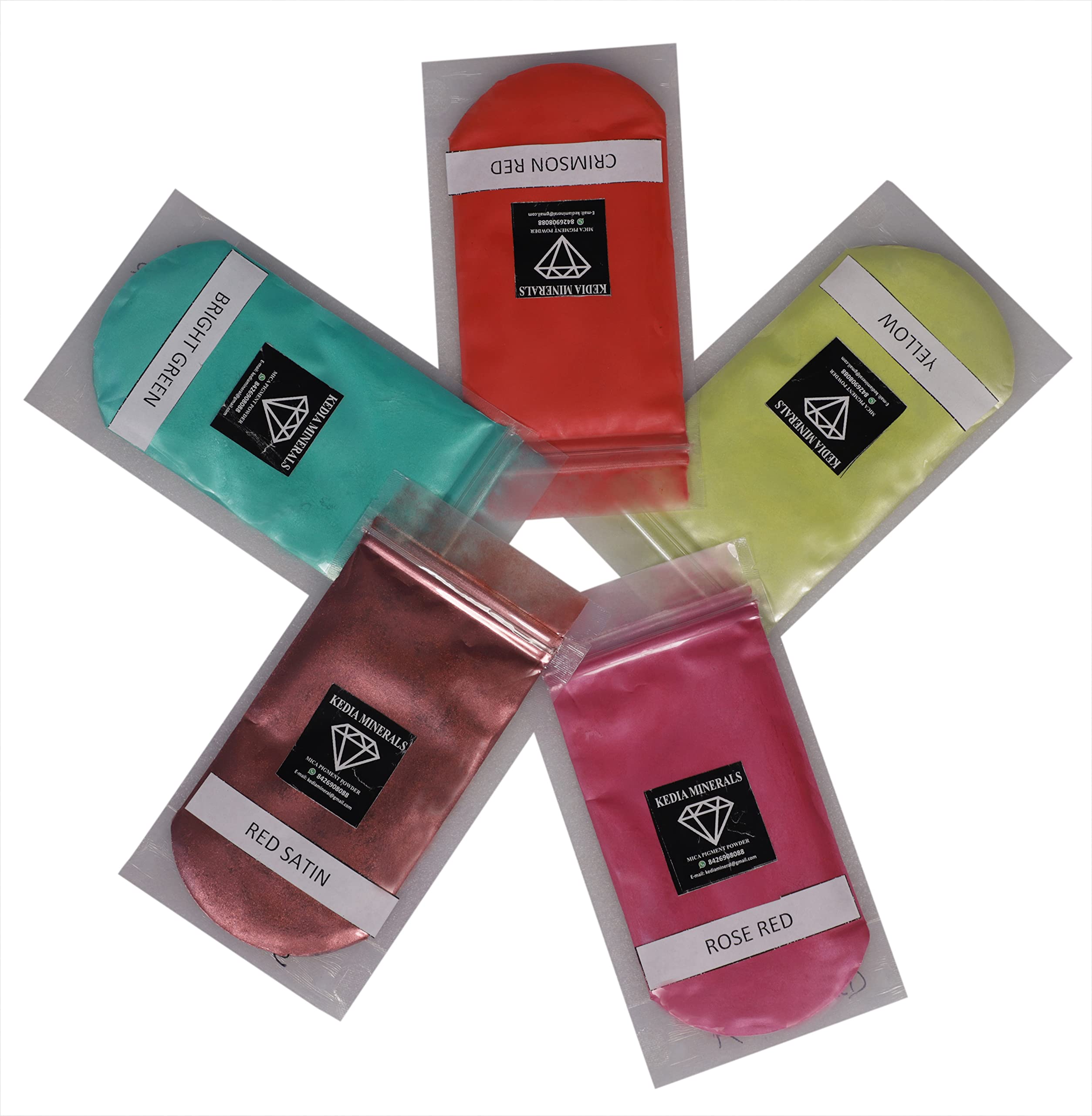 KEDIA MINERALS Mica Pigments Combo - 5 Vibrant Colors (Bright Green, Crimson Red, Yellow, Rose Red, Red Satin) | 20g Each | Pearl Powder Pigment for Candle Making, Soap Crafting, Resin Jewelry, DIY Art Projects | Perfect for Cosmetics, Nail Art & Home Decor