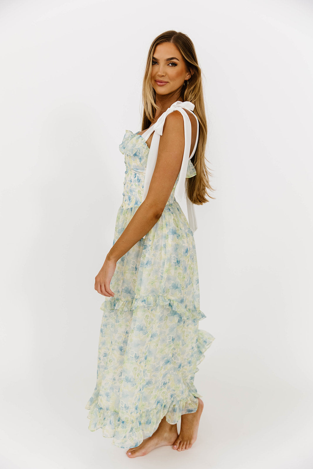 Jessica Floral Printed Contrast Shoulder Strap Midi Dress in Blue - Women's Summer Flowy Dress for Beach, Wedding & Casual Outings