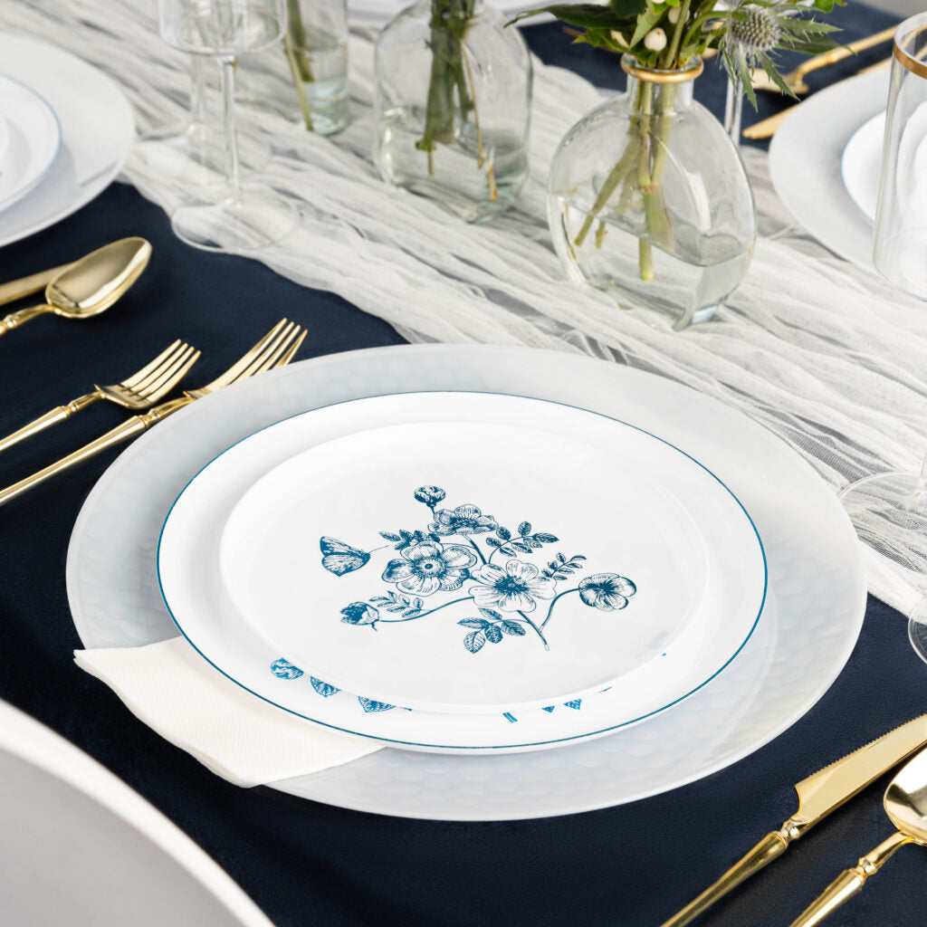 20-Piece White and Blue Round Plastic Dinnerware Set for 10 Guests - Elegant French Toile Design - Perfect for Outdoor Picnics, BBQs, and Party Gatherings