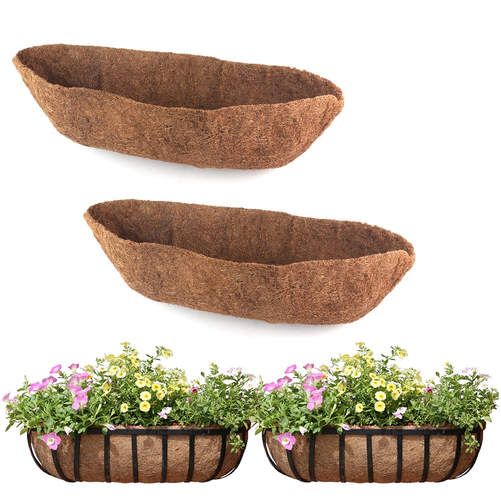 2 Pack Coconut Coir Planter Liners - 24/30/36/48 Inch Half Moon Trough Coco Fiber Replacement for Window Boxes, Hanging Planters & Garden Pots | Durable & Eco-Friendly for Flowers, Vegetables & Fence Baskets | Perfect for Indoor/Outdoor Gardening & Home Decor