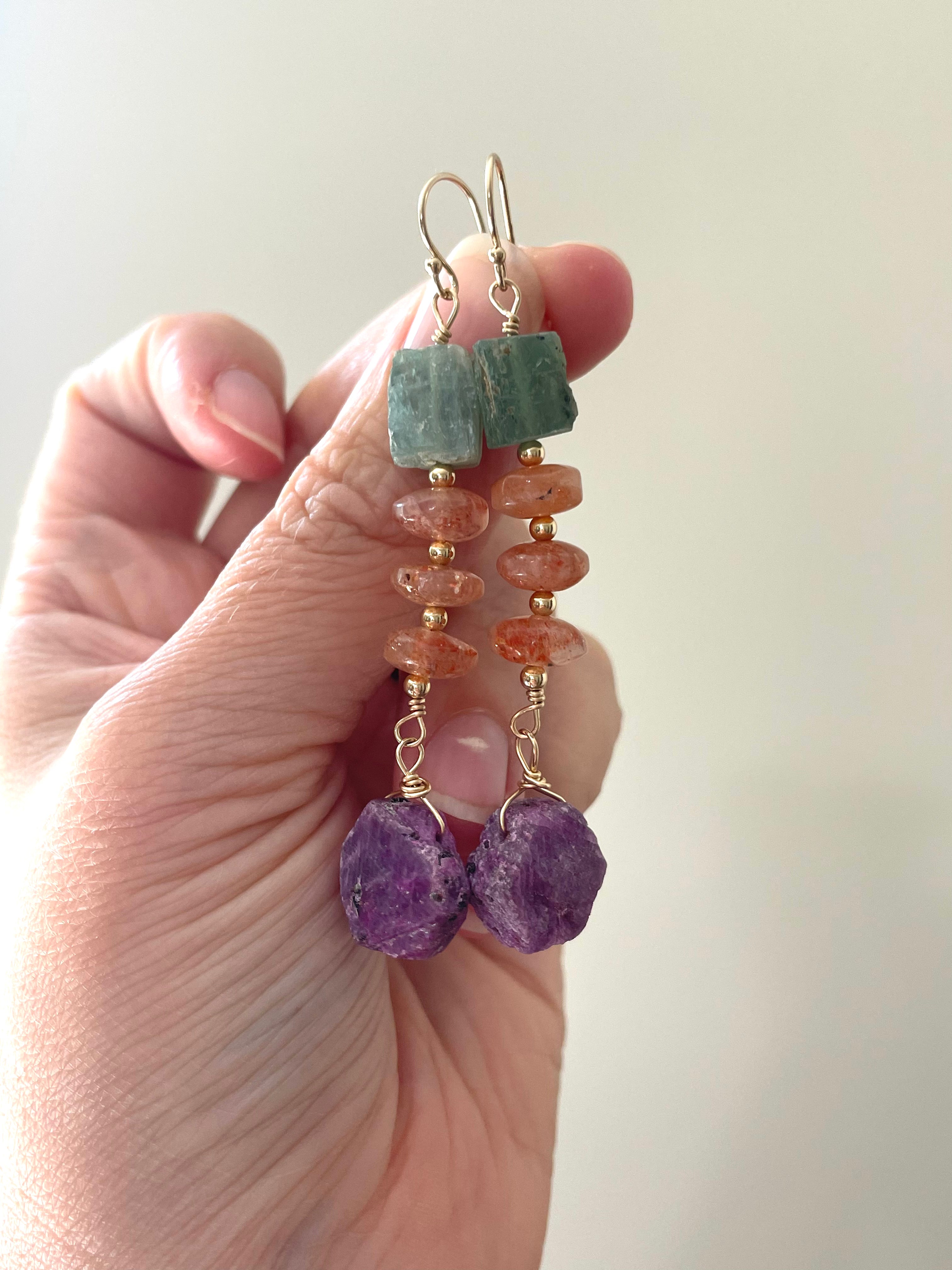 Unique Raw Ruby Sunstone Green Kyanite Statement Earrings for Women | Handmade Boho Jewelry | Perfect for Weddings, Parties & Special Occasions