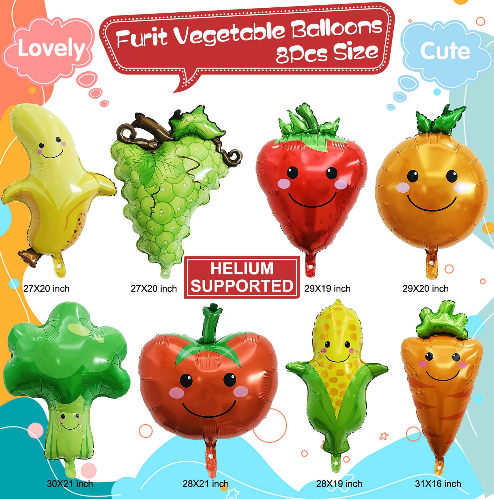 Giant Fruit & Vegetable Balloons Set - Cute Strawberry, Grape, Banana, Orange, Corn, Carrot, Tomato & Broccoli Balloons for Fruit-Themed Birthday Party Decorations | Perfect for Baby Showers, Summer Parties & Grocery Store Displays