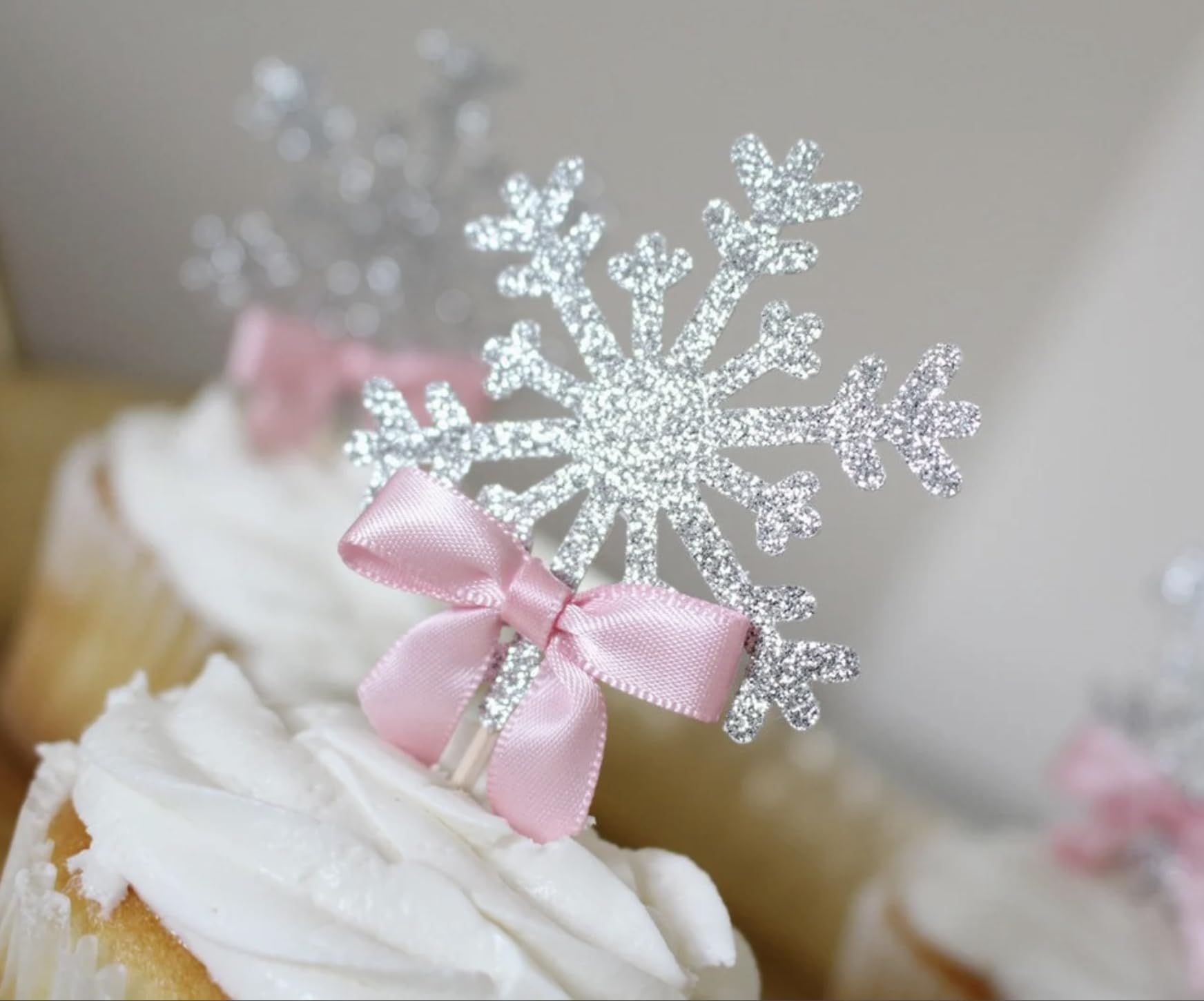 Snowflake Cupcake Toppers with Satin Ribbon Bow – Frozen Winter Wonderland Christmas Decorations for Cupcakes, Donuts & Cakes – Set of 12 (Blue) – Perfect for Holiday Parties, Birthday Celebrations & Winter Wedding Desserts