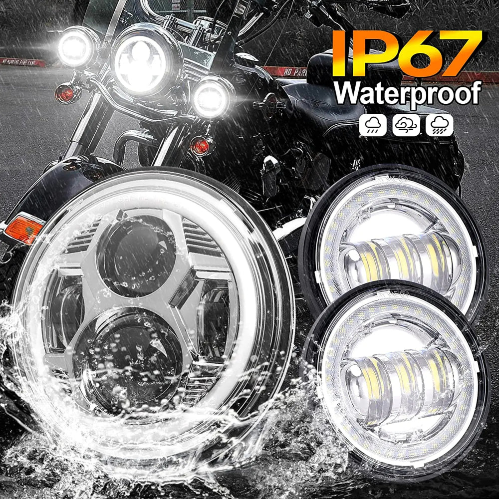 LOYO 7 Inch LED Spider Headlight & 4.5 Inch Passing Lamp Kit for Harley Davidson Touring Models - Street Glide, Road King, Electra Glide Ultra Classic - High Visibility Motorcycle Lighting for Night Riding & Highway Safety