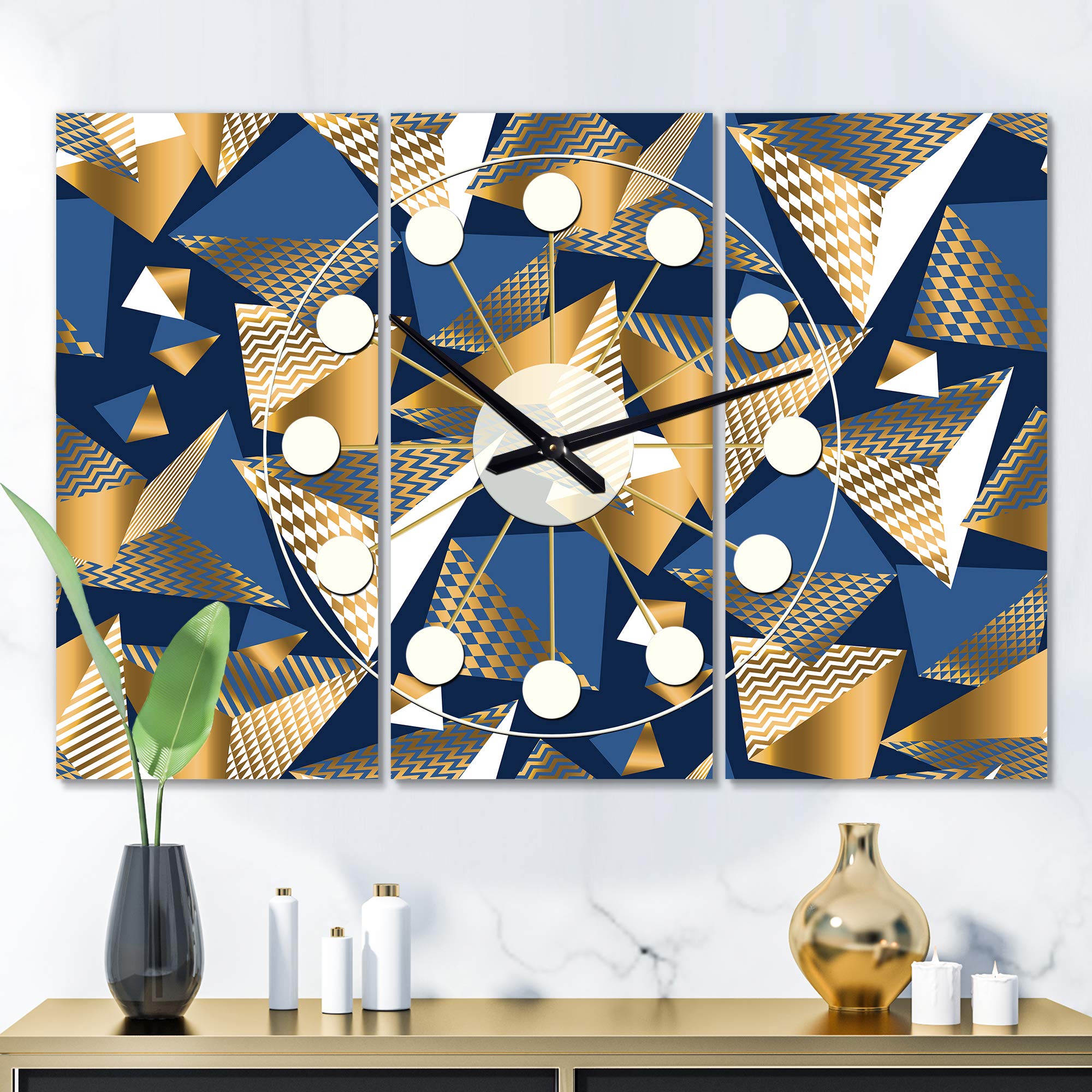 Designart Gold and Blue Cubes Mid-Century Modern 3 Panel Wall Clock - Metal Wall Art Decor for Living Room, Bedroom, Office | Stylish Home Decoration & Unique Gift Idea